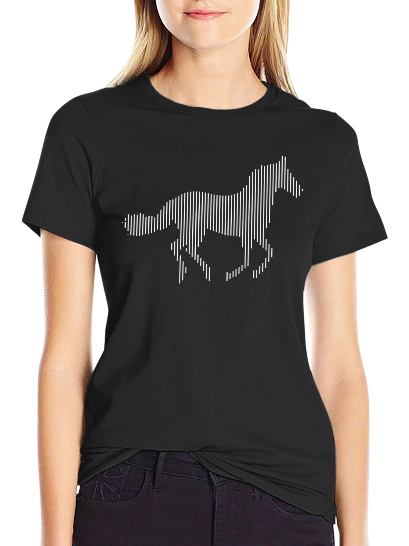 Black T-Shirt with White Abstract Horse Graphic