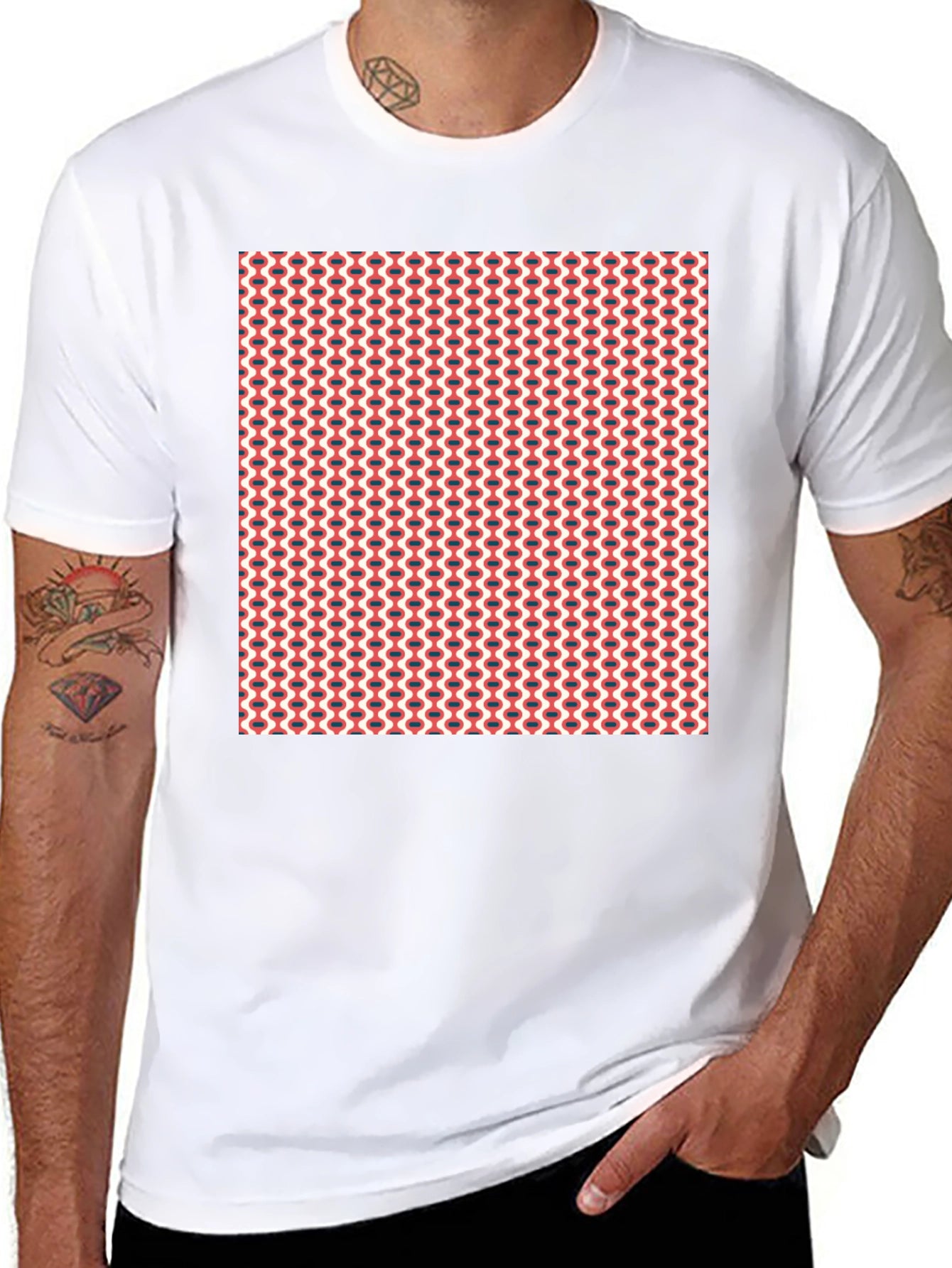 Retro Geometric Print Crew Neck Tee - Black