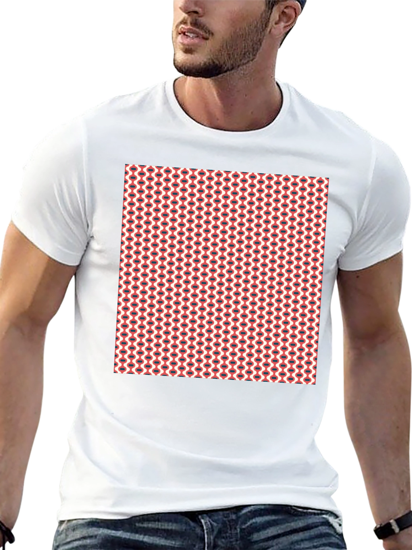 Retro Geometric Print Crew Neck Tee - Black