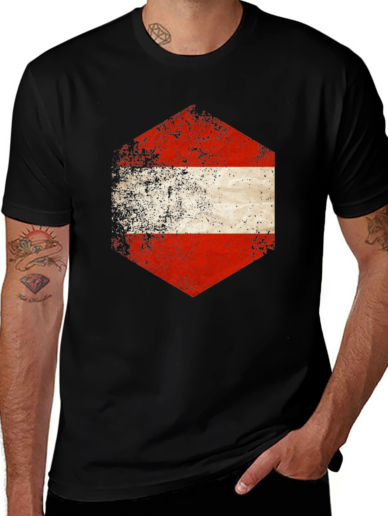 Austria Flag Hexagon Graphic Tee - Distressed Style