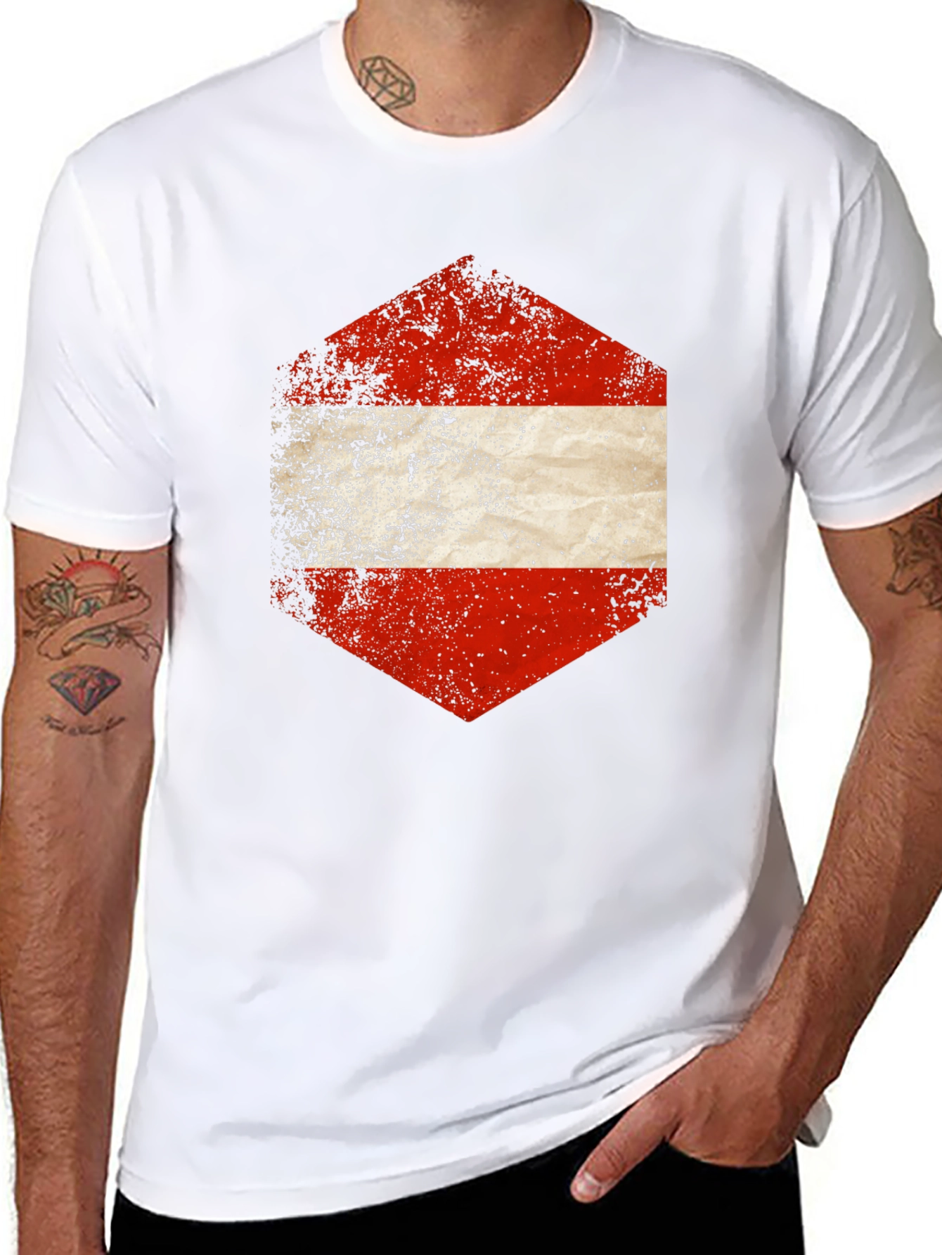 Austria Flag Hexagon Graphic Tee - Distressed Style