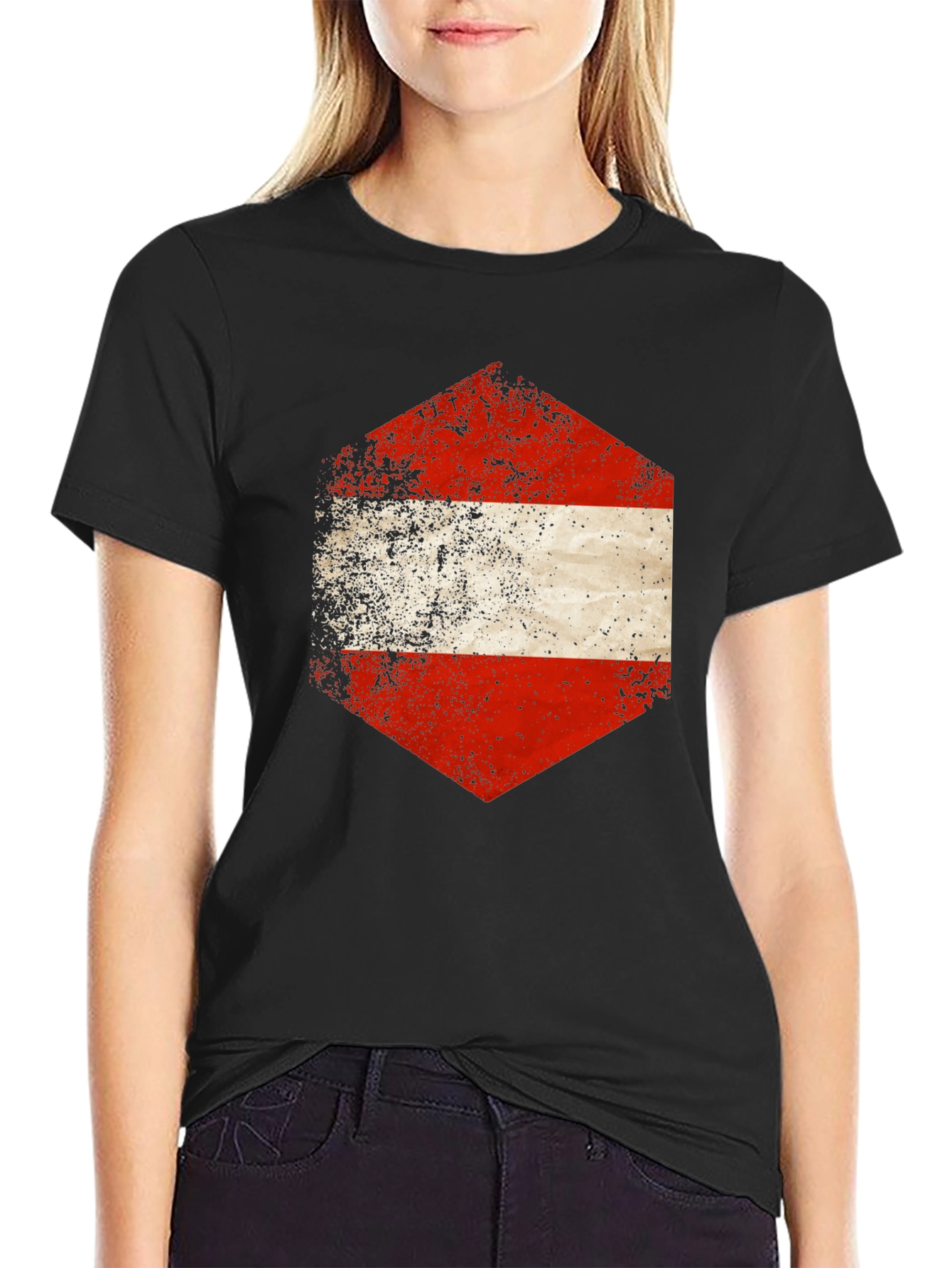 Austria Flag Hexagon Graphic Tee - Distressed Style