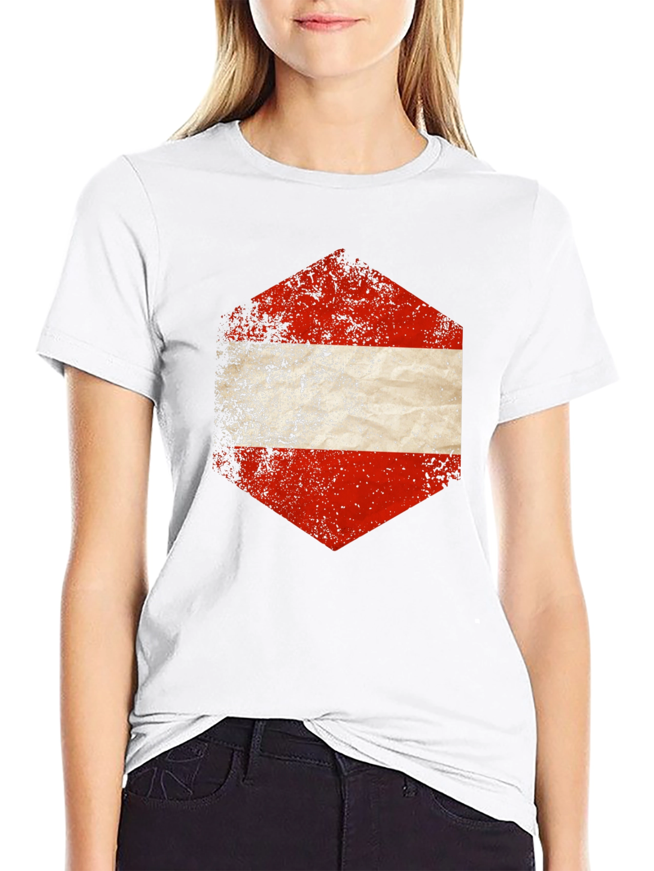 Austria Flag Hexagon Graphic Tee - Distressed Style