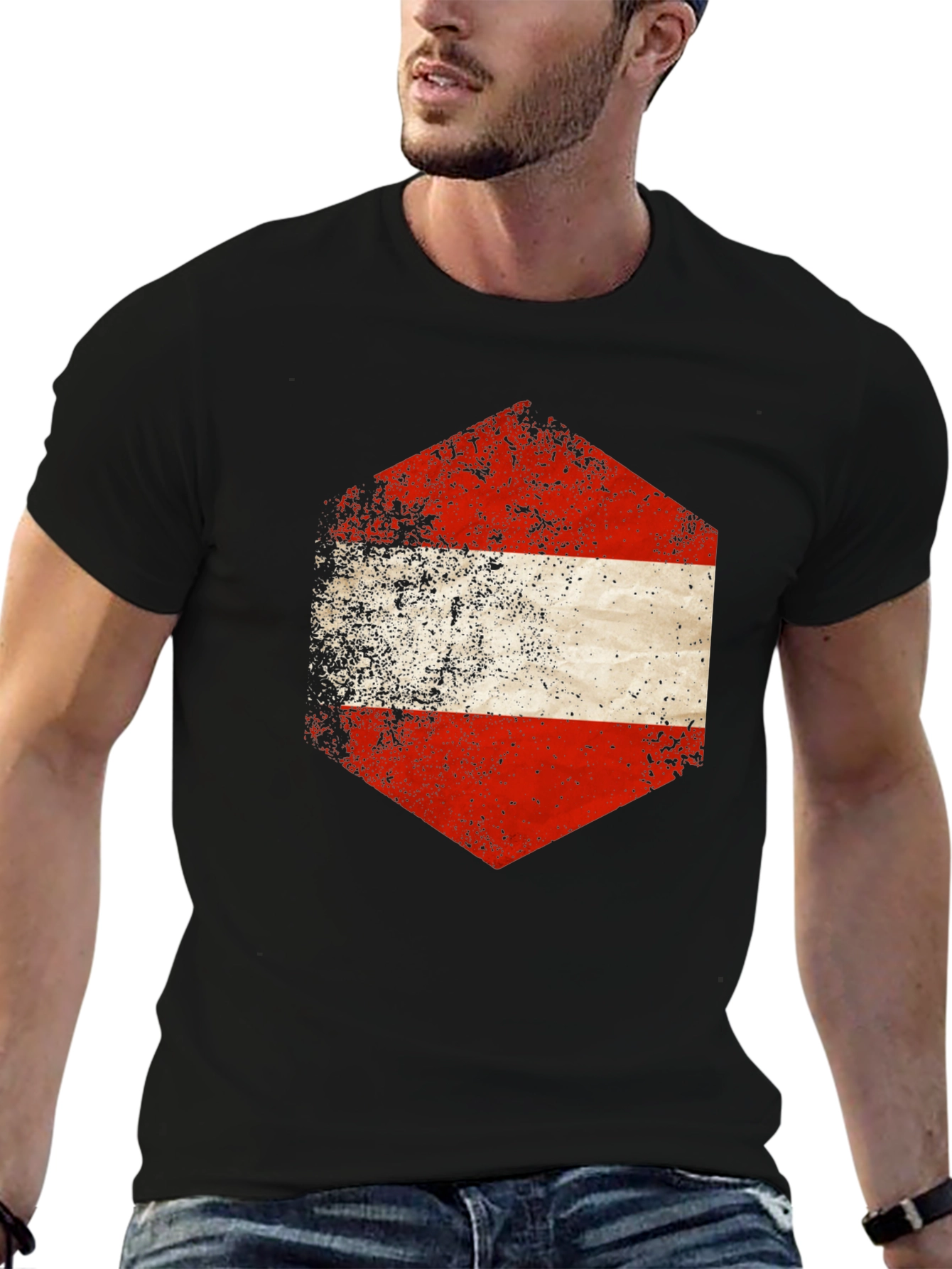 Austria Flag Hexagon Graphic Tee - Distressed Style