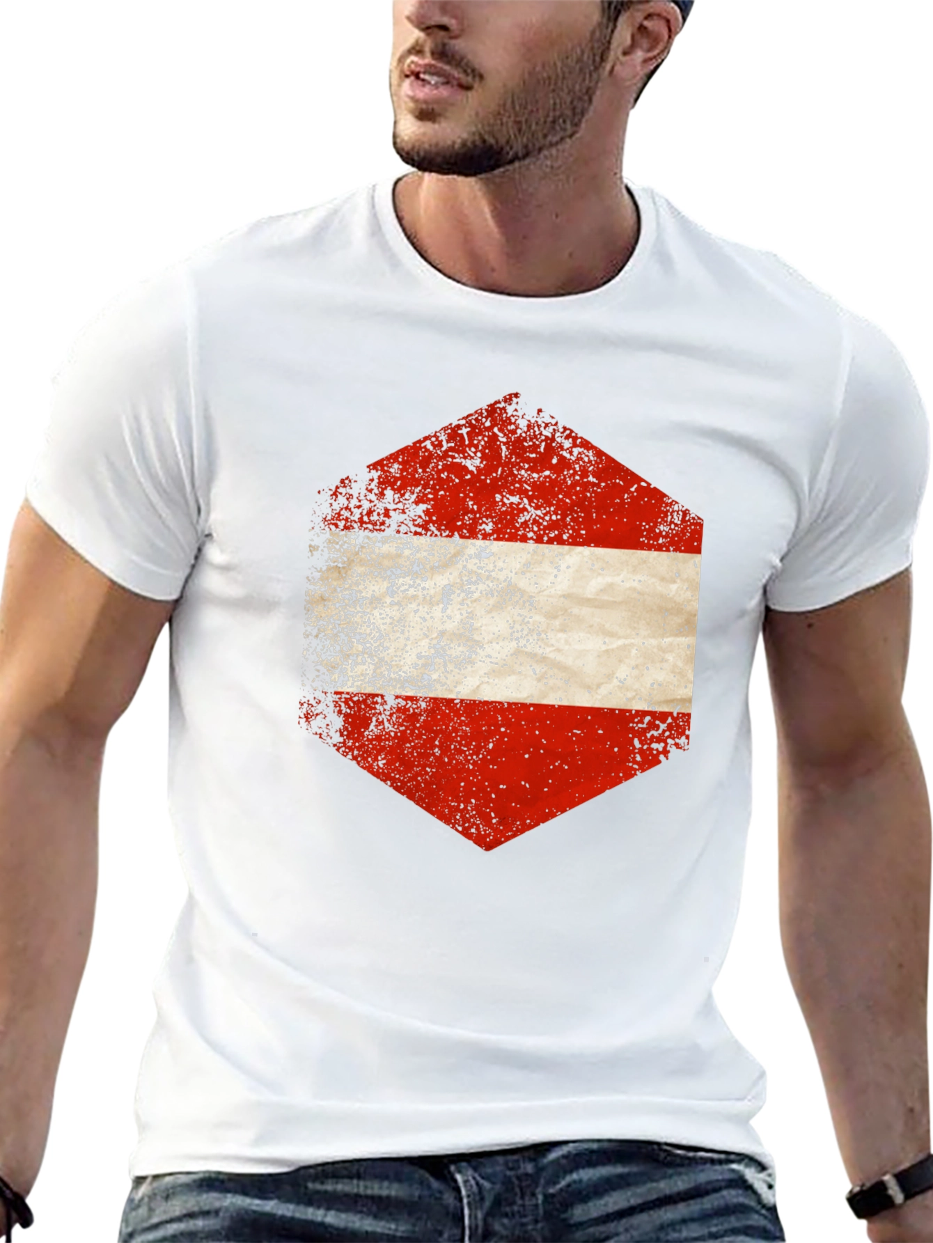 Austria Flag Hexagon Graphic Tee - Distressed Style