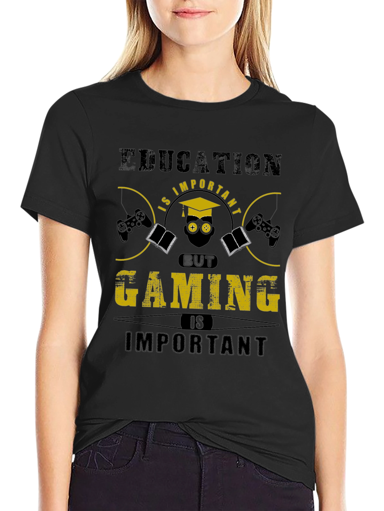Education vs Gaming Funny Graphic T-Shirt