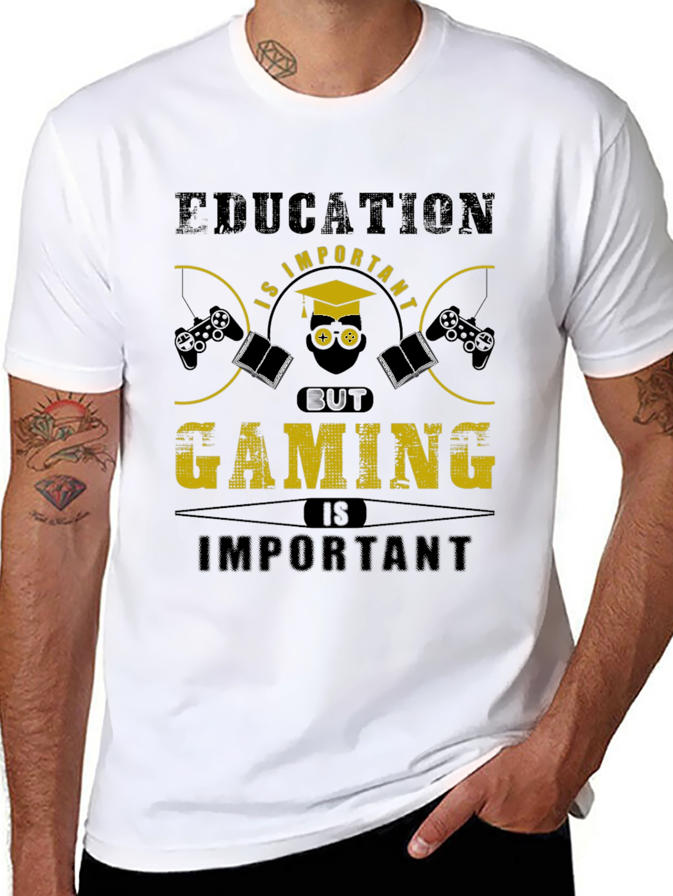 Education vs Gaming Funny Graphic T-Shirt