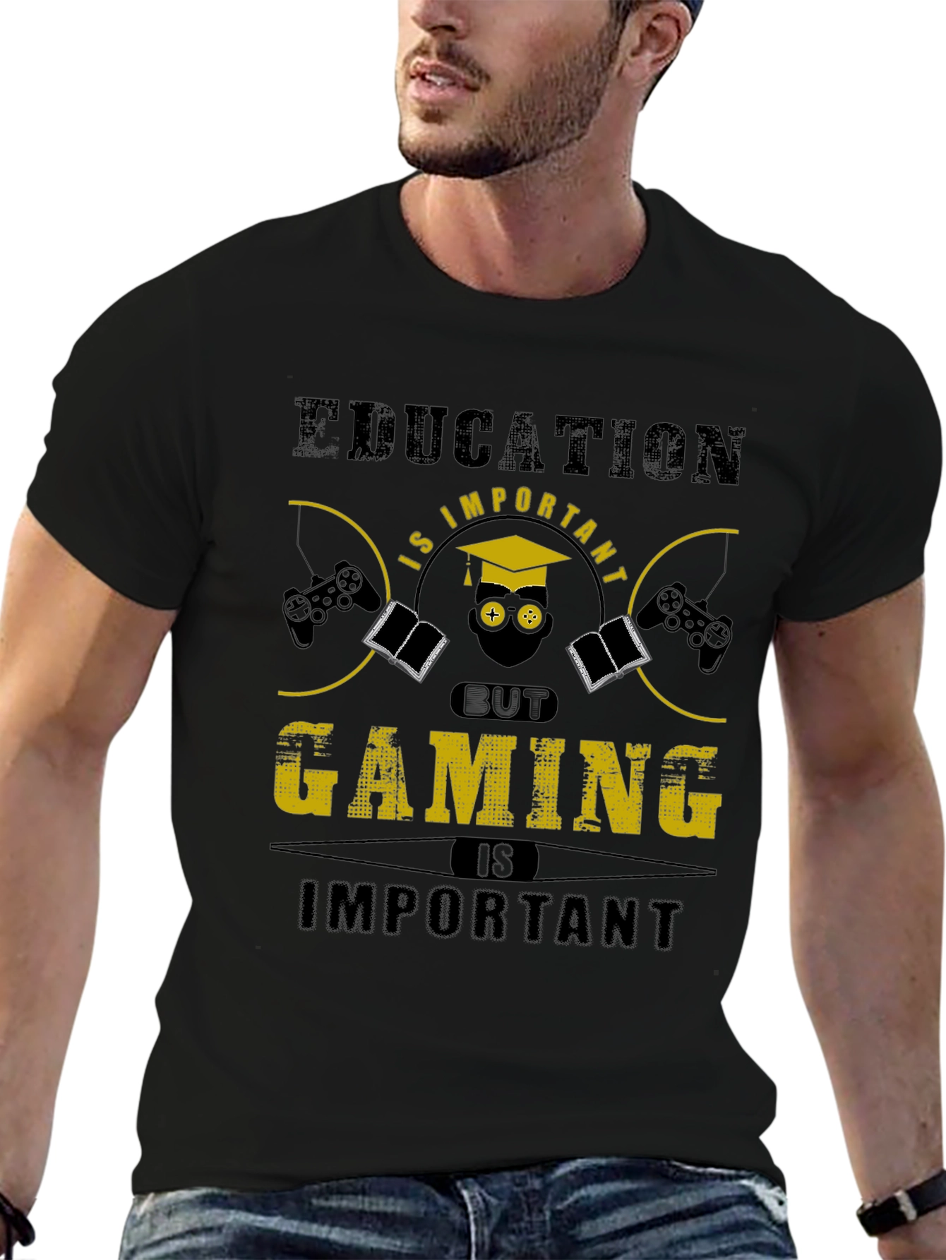 Education vs Gaming Funny Graphic T-Shirt
