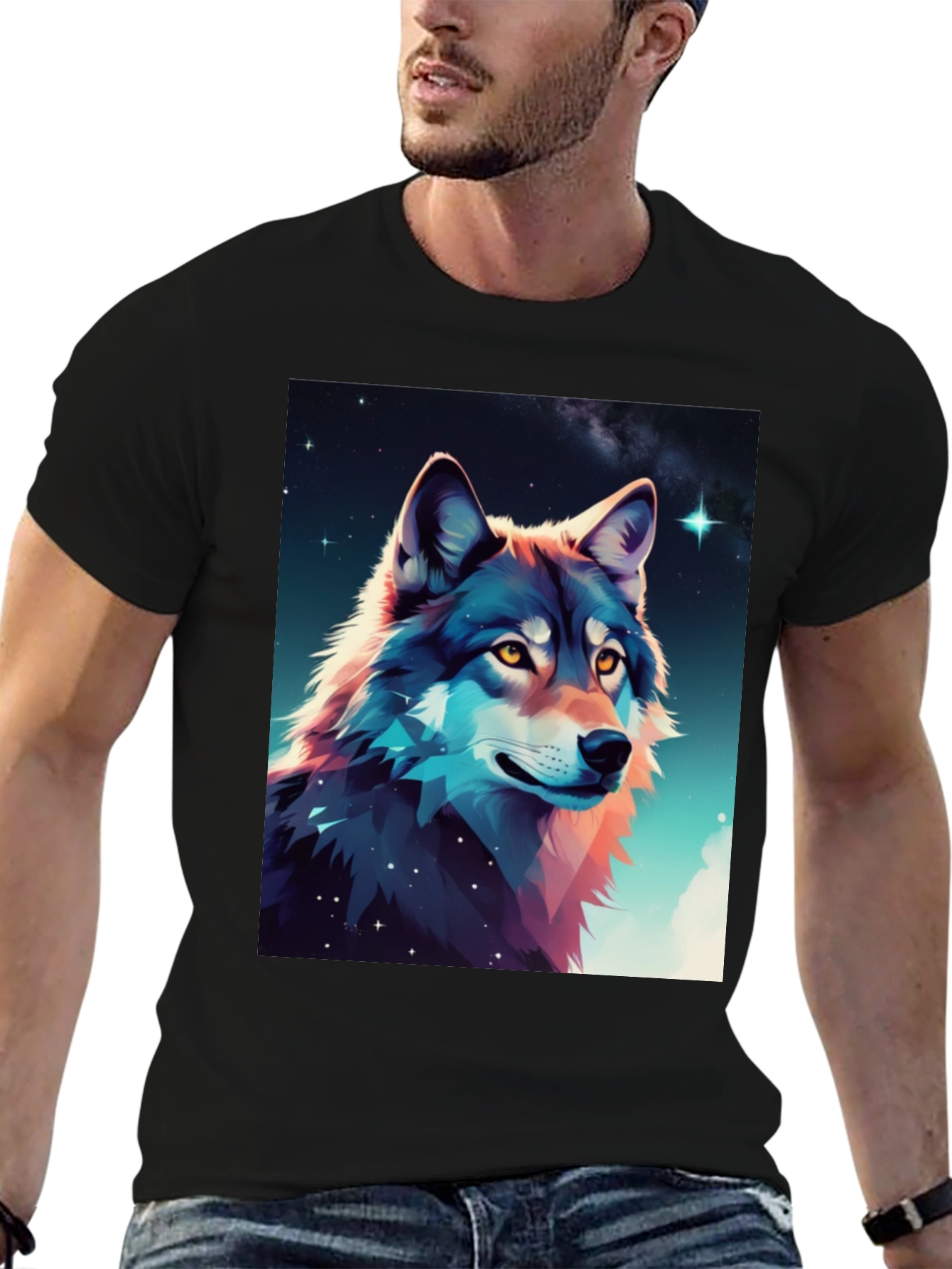 Wolf Galaxy Graphic Tee - Black Cotton Blend