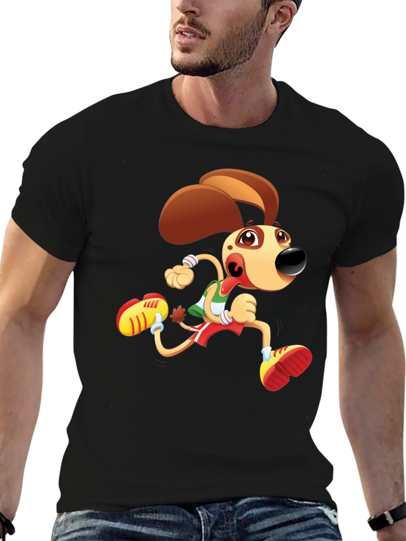 Cartoon Dog Running T-Shirt - Black Fun Design
