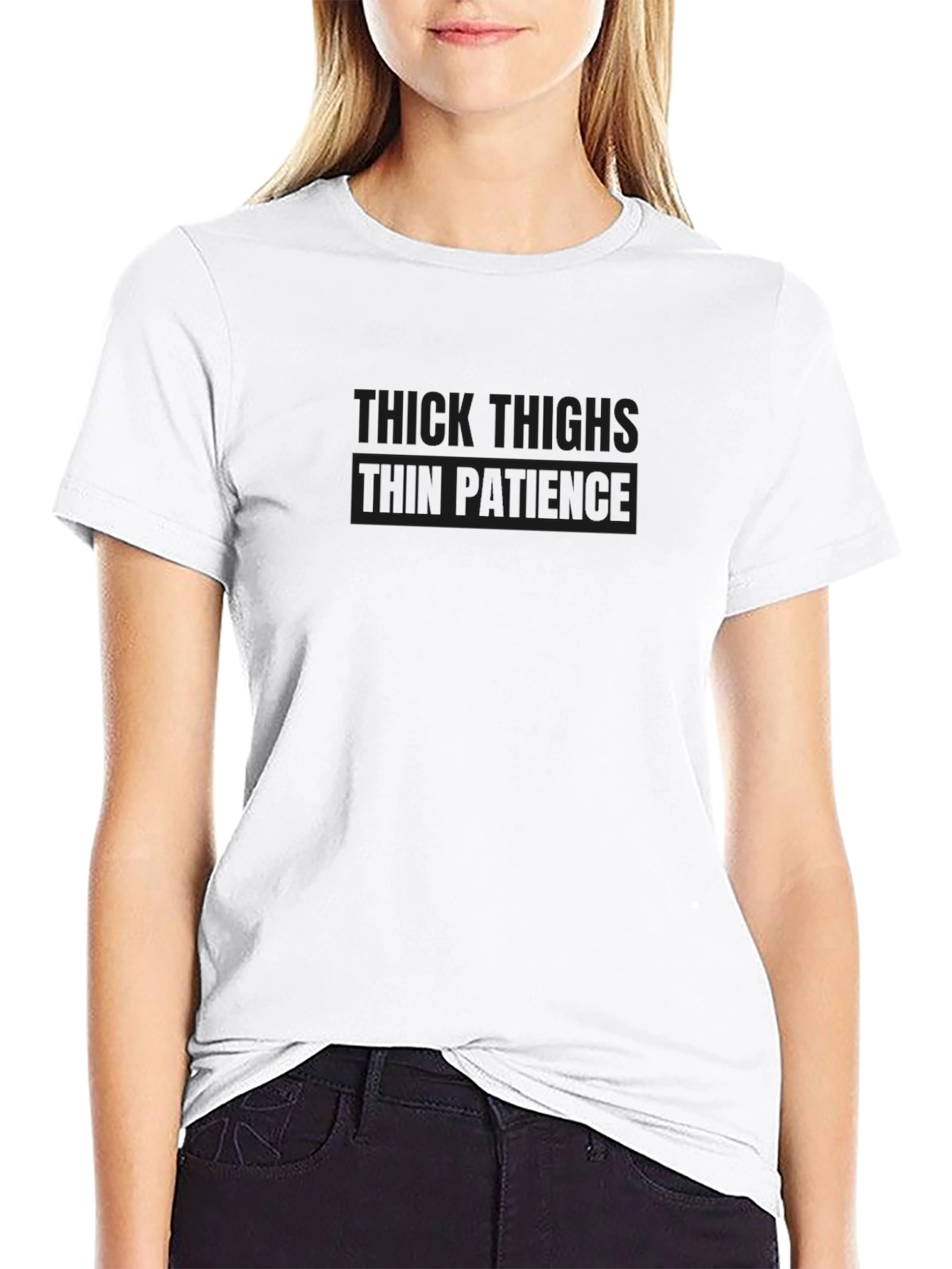 Mens Black T-Shirt: Thick Thighs Thin Patience Slogan
