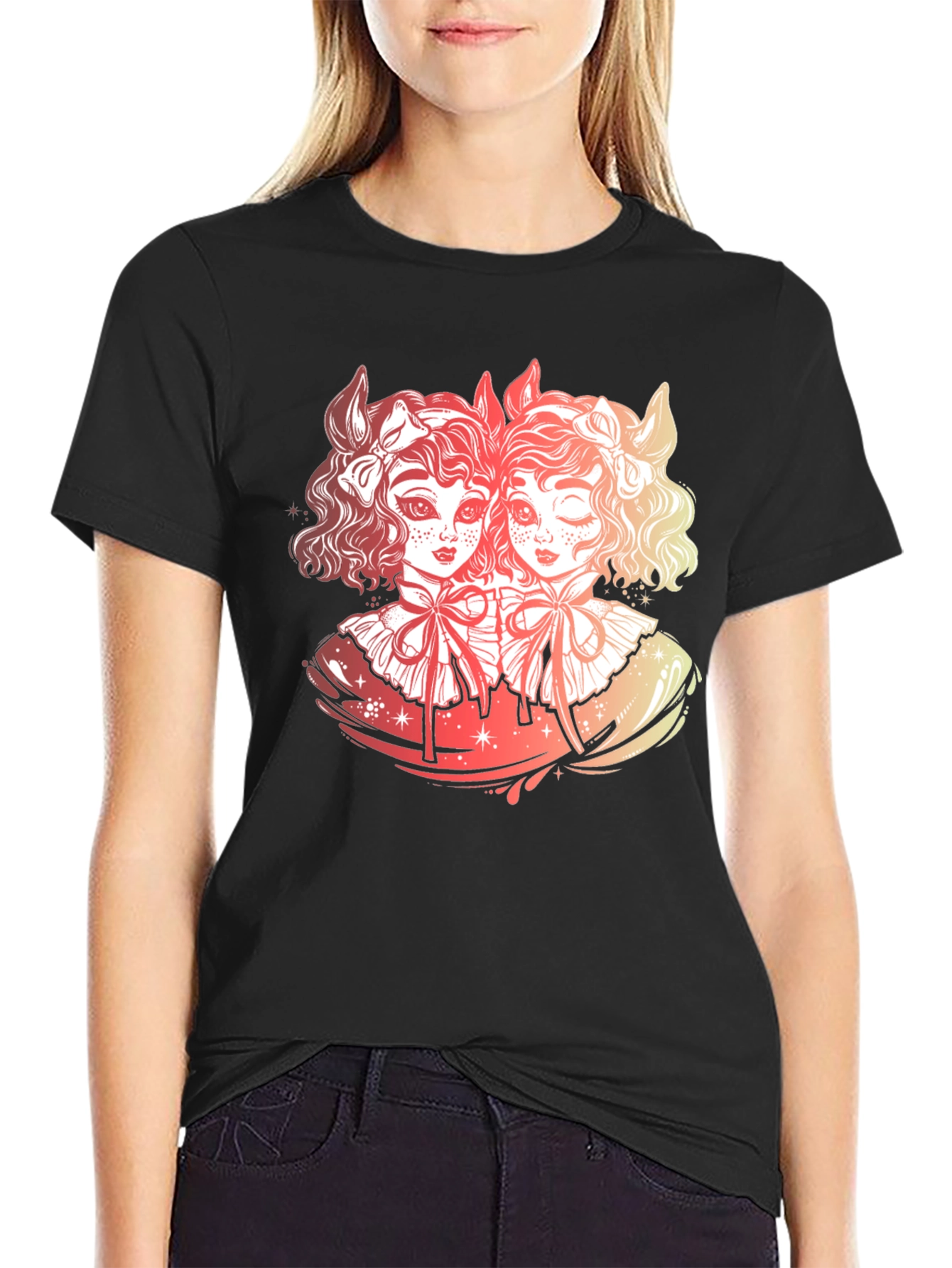 Gothic Twin Dolls Graphic Black T-Shirt