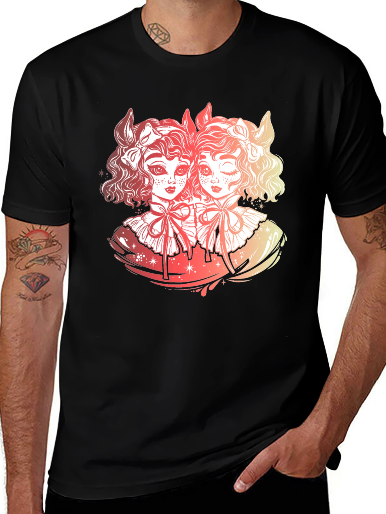 Gothic Twin Dolls Graphic Black T-Shirt