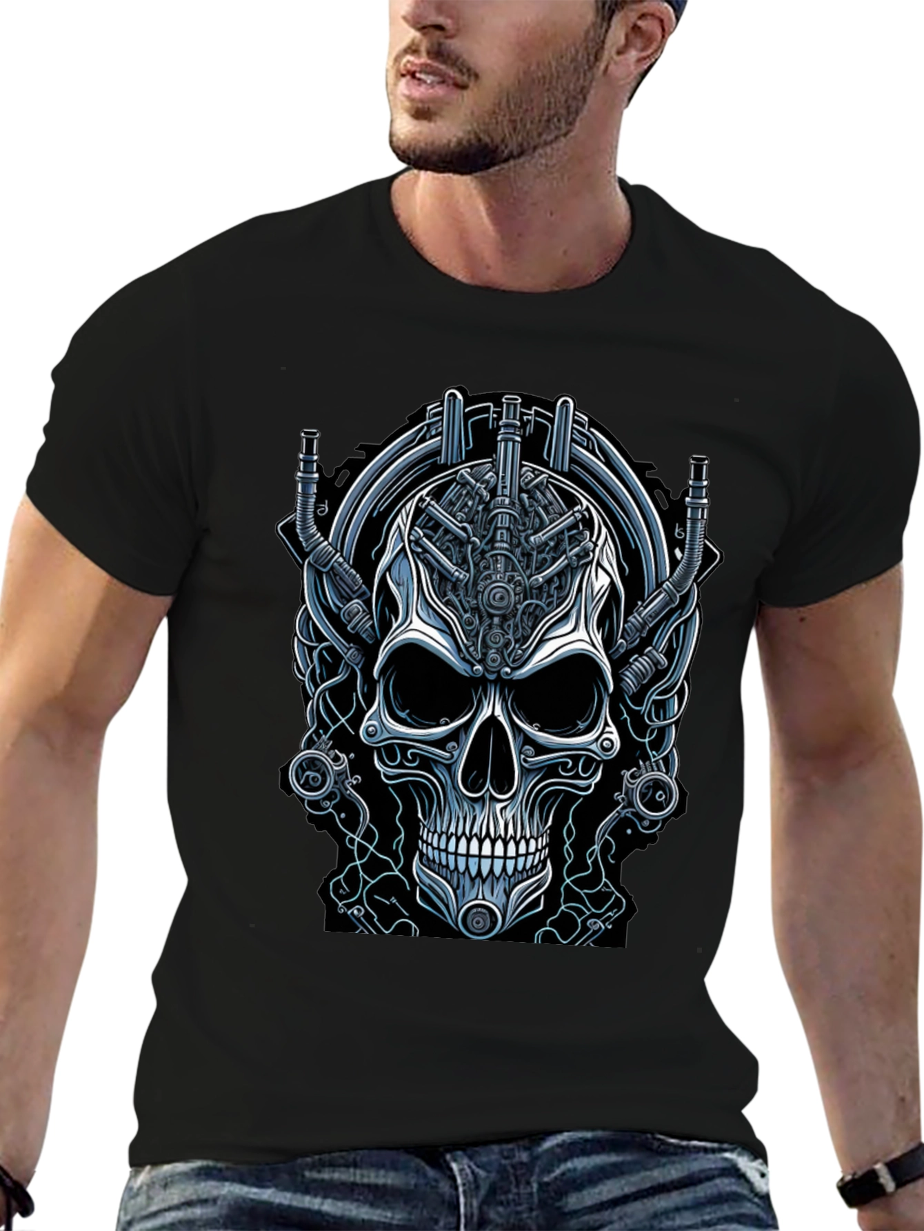 Steampunk Skull Graphic Tee - Black Cotton T-Shirt
