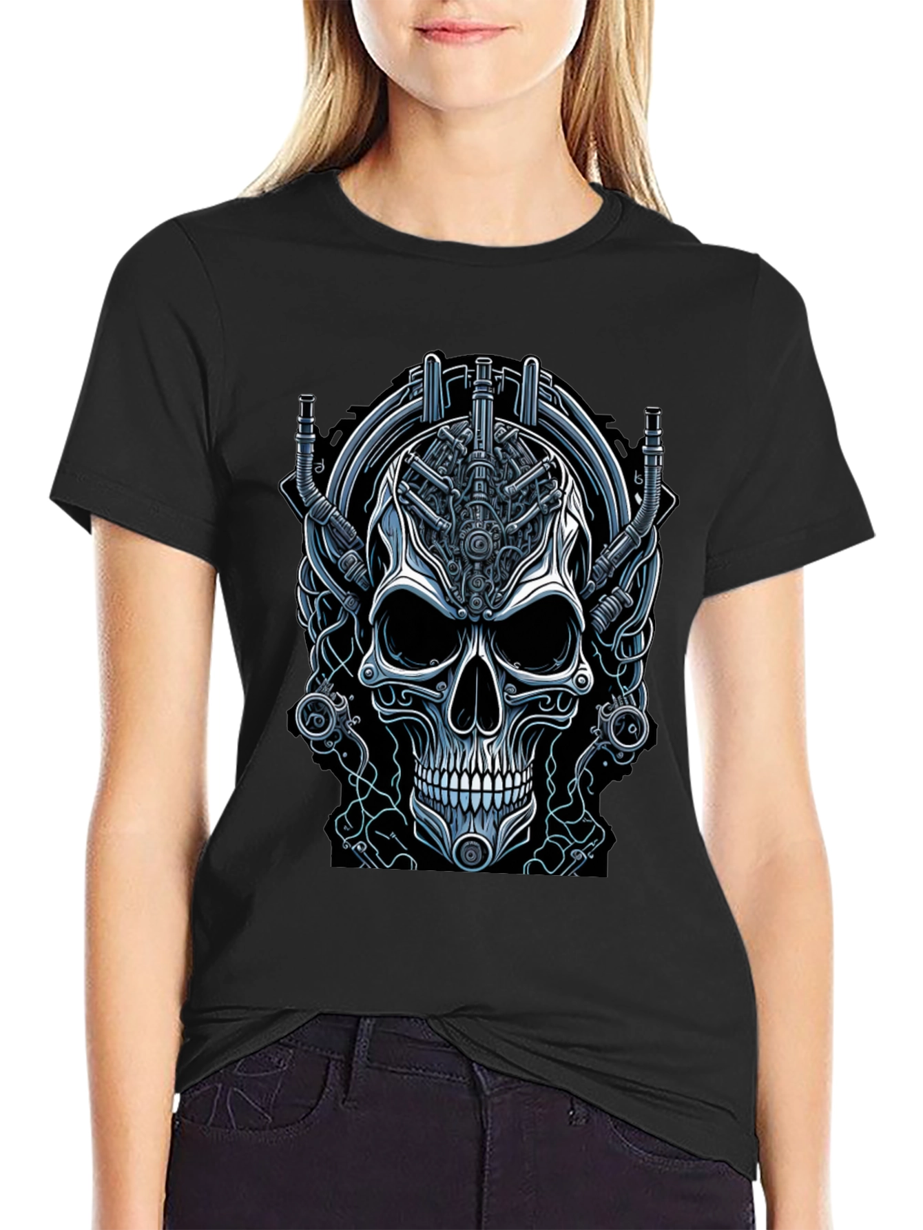 Steampunk Skull Graphic Tee - Black Cotton T-Shirt