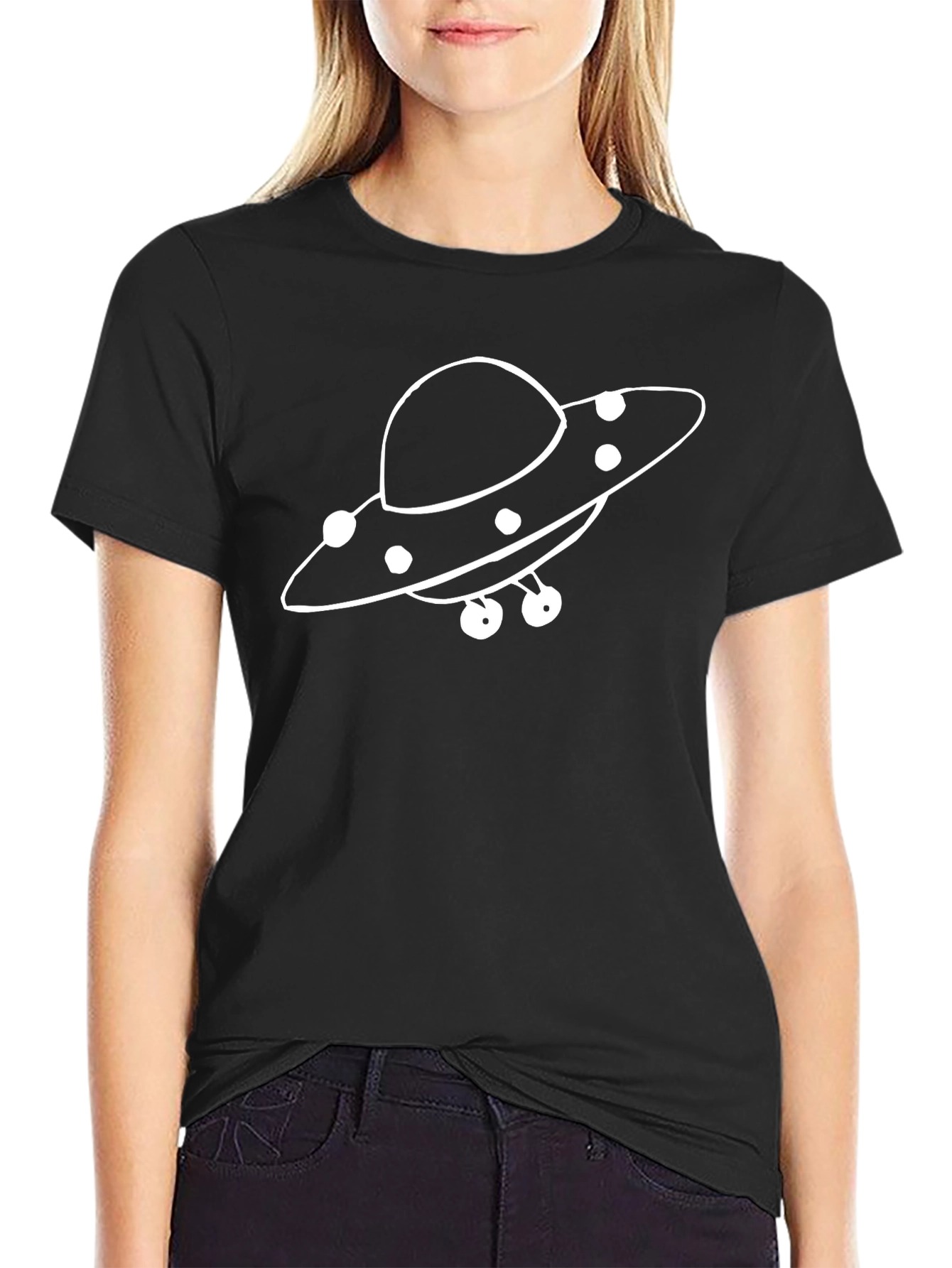 UFO Graphic T-Shirt - Black Cotton Blend Casual Tee