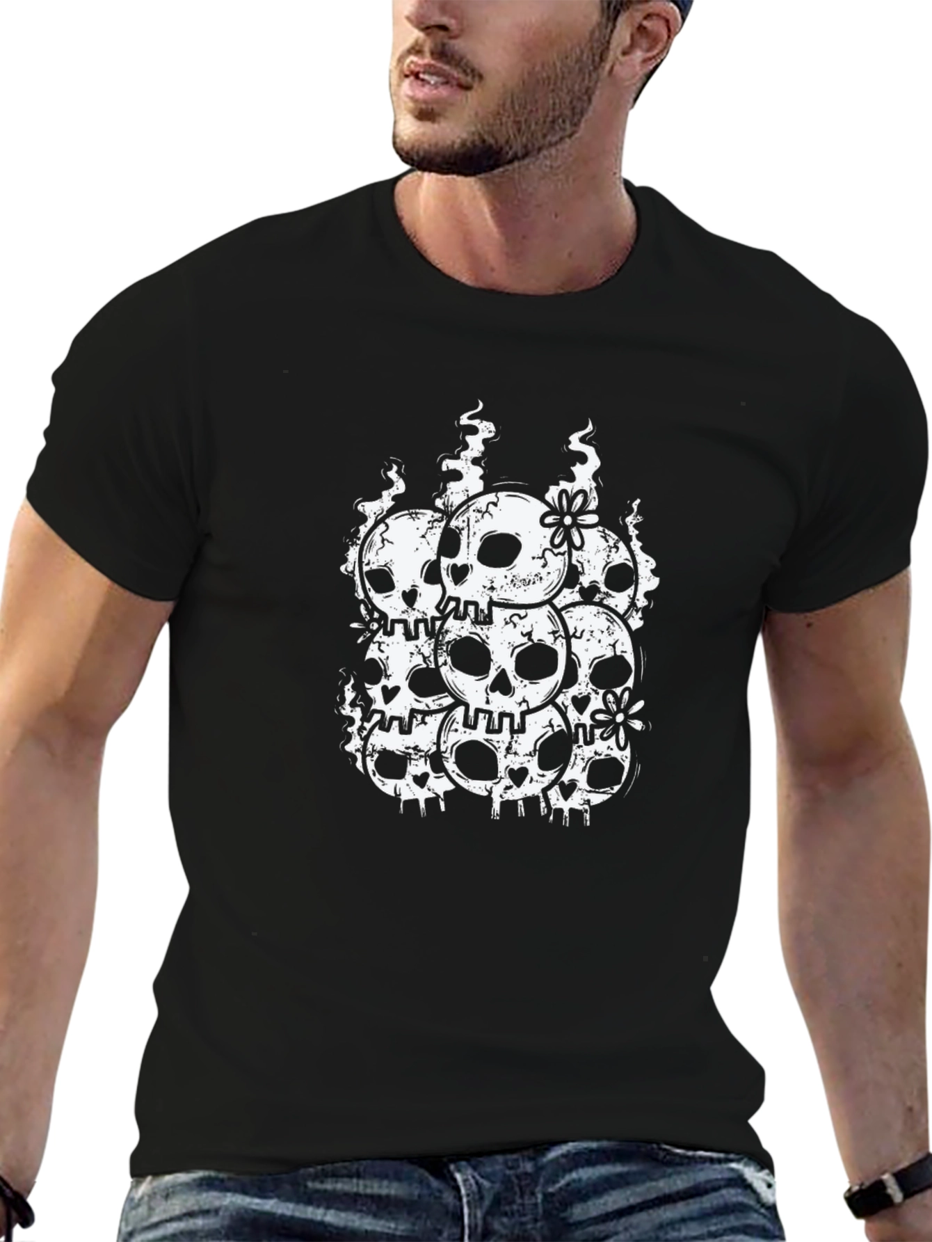 Skull & Flower Graphic Tee - Black Cotton Blend