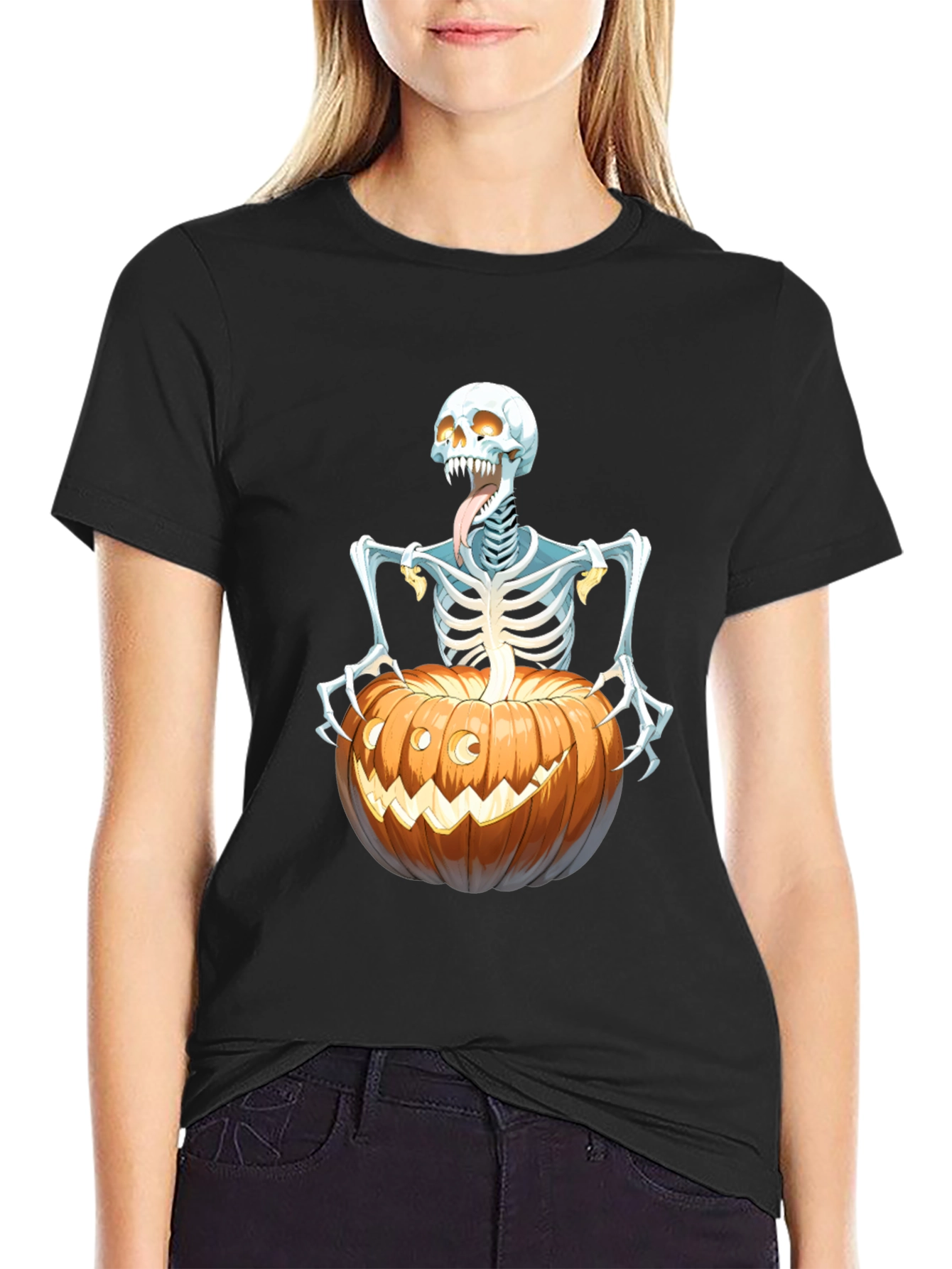 Spooky Skeleton Pumpkin Graphic Tee - Halloween Shirt