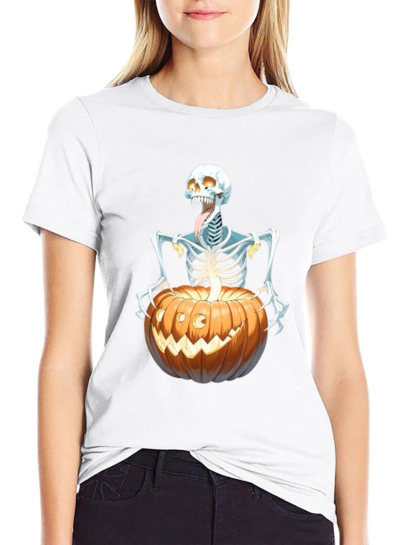 Spooky Skeleton Pumpkin Graphic Tee - Halloween Shirt