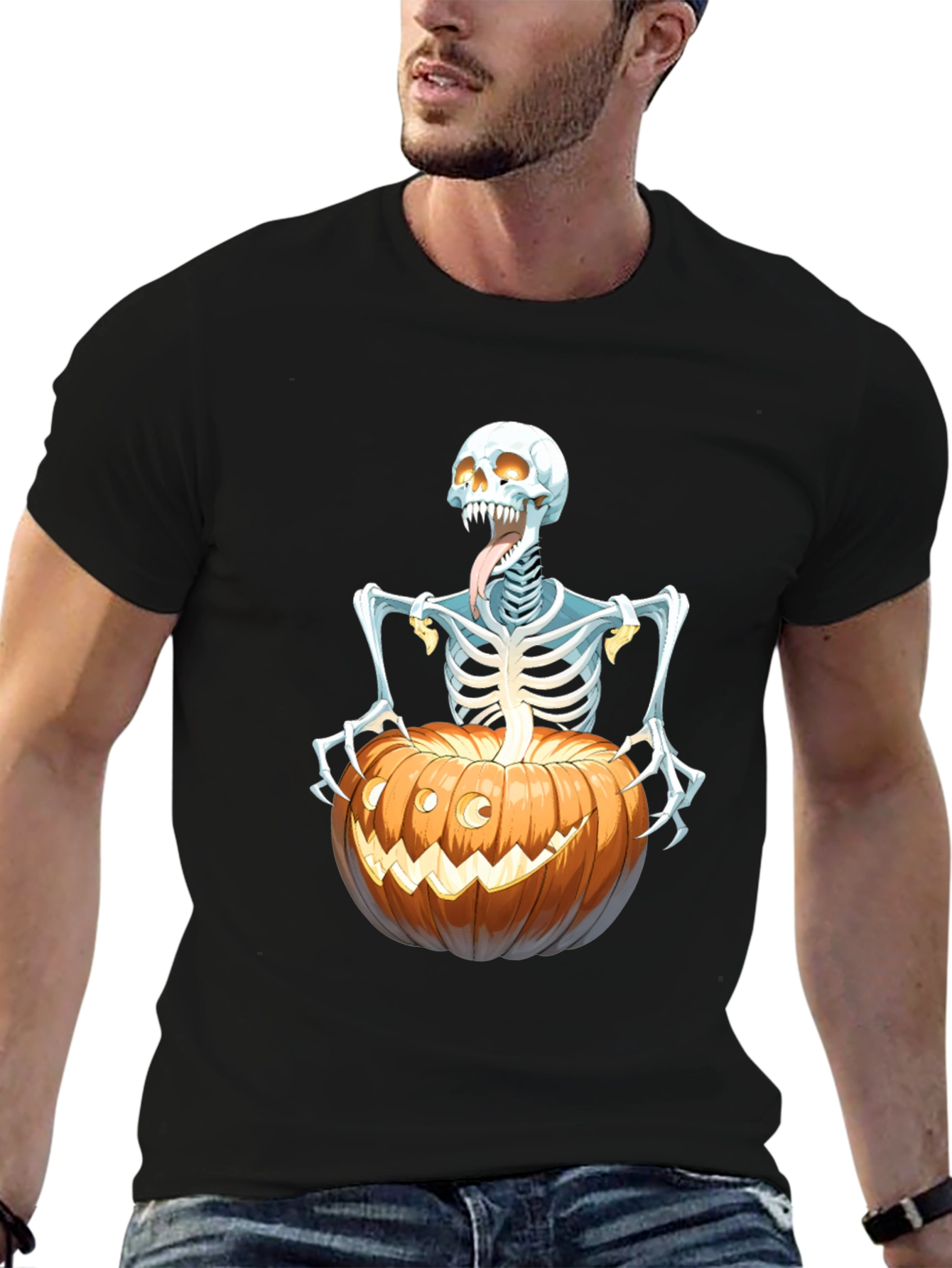 Spooky Skeleton Pumpkin Graphic Tee - Halloween Shirt