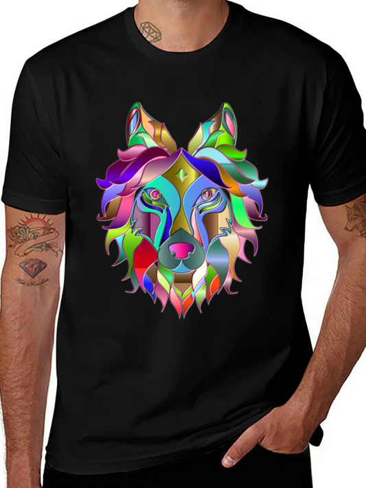 Colorful Geometric Wolf Graphic Tee - Unique Design