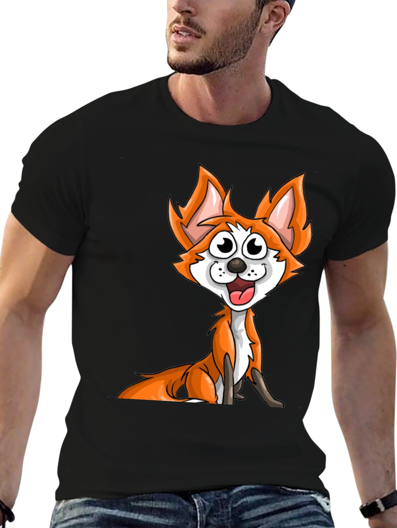 Cartoon Fox Graphic Tee - Black Crew Neck T-Shirt