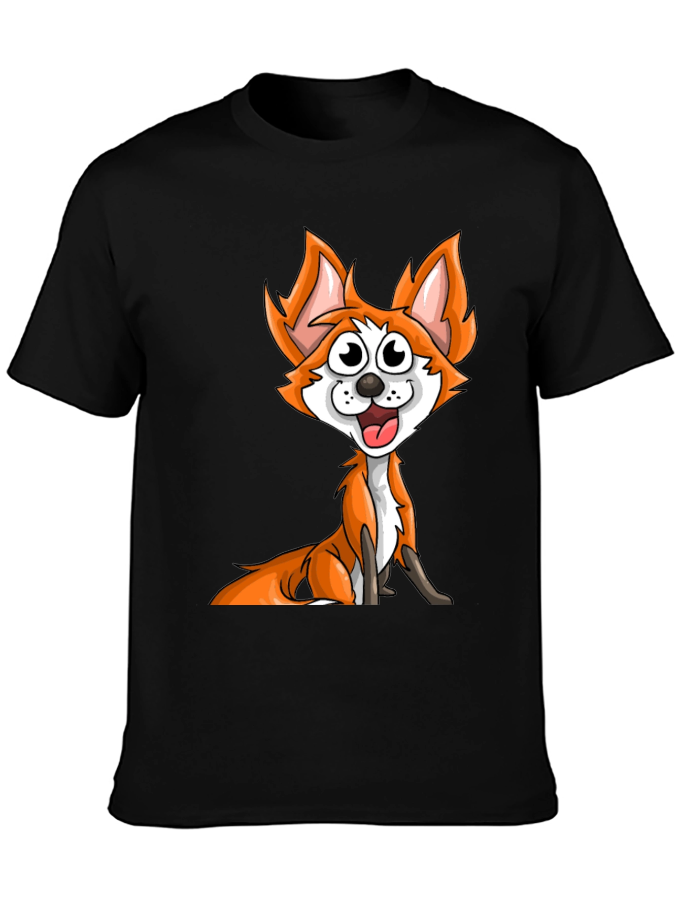 Cartoon Fox Graphic Tee - Black Crew Neck T-Shirt