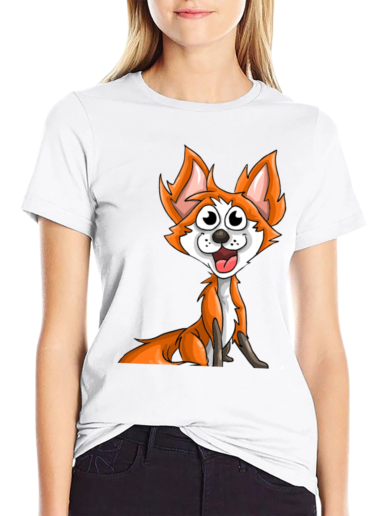 Cartoon Fox Graphic Tee - Black Crew Neck T-Shirt