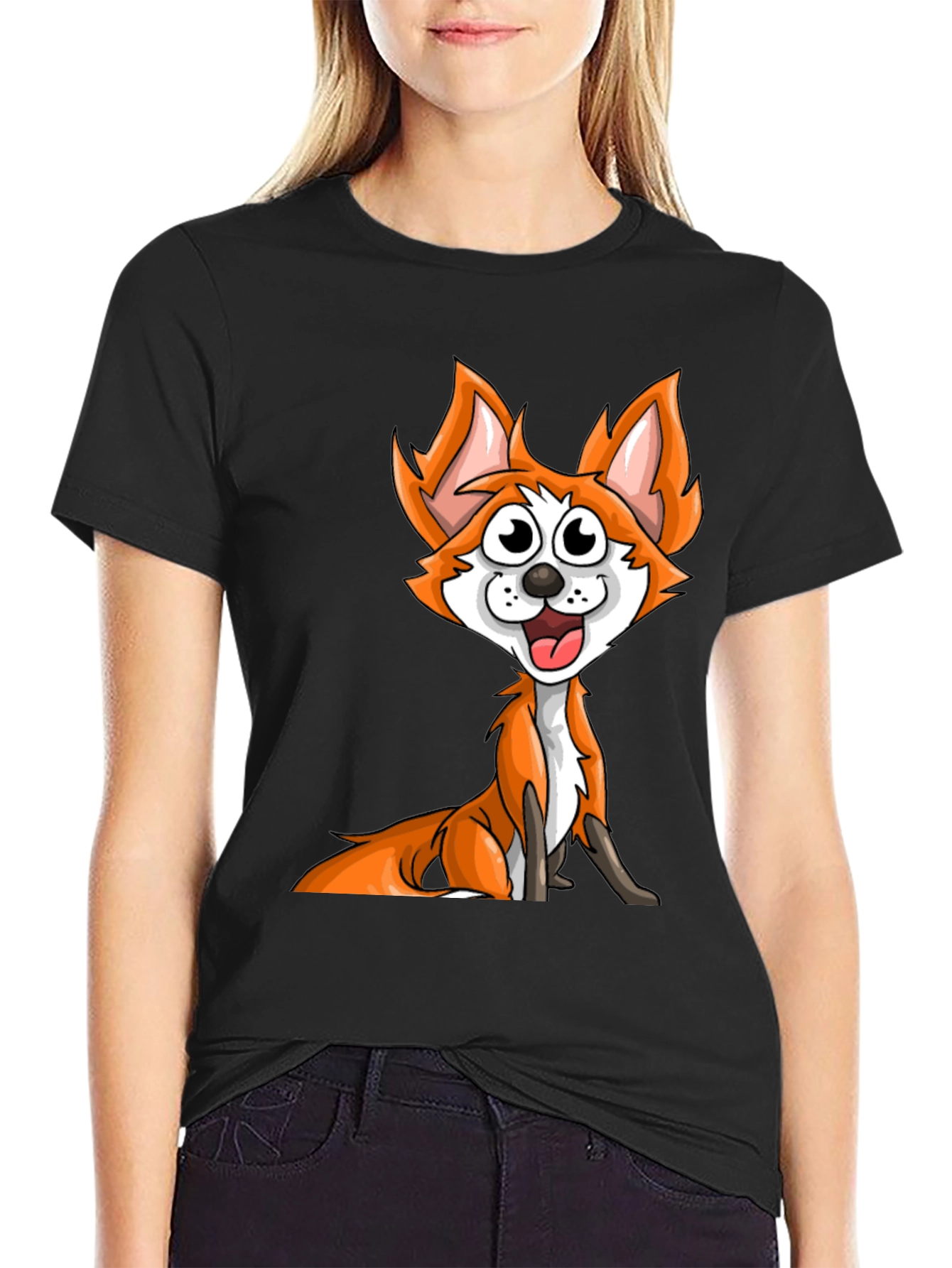 Cartoon Fox Graphic Tee - Black Crew Neck T-Shirt