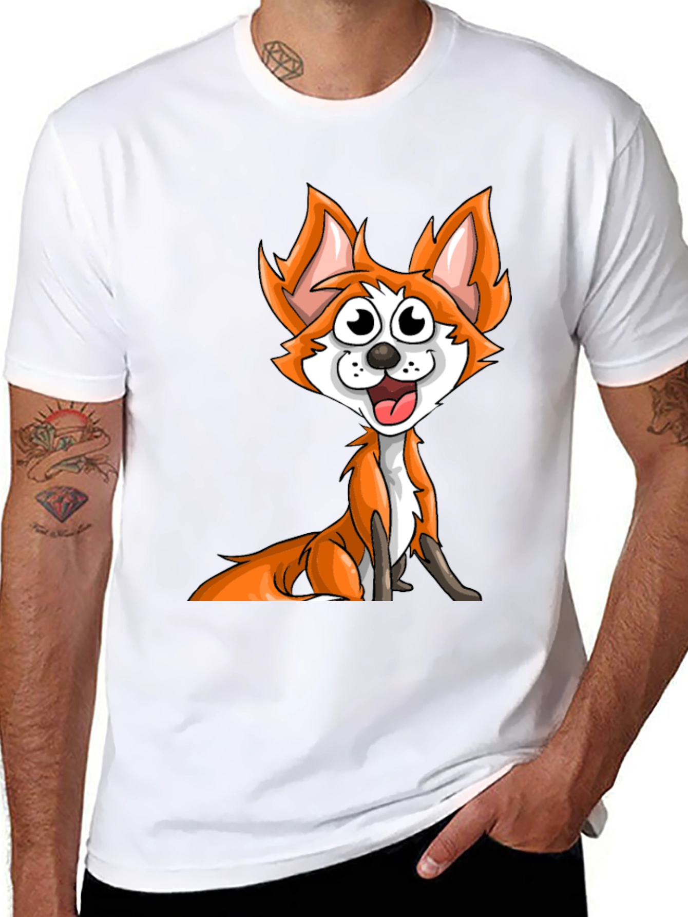 Cartoon Fox Graphic Tee - Black Crew Neck T-Shirt
