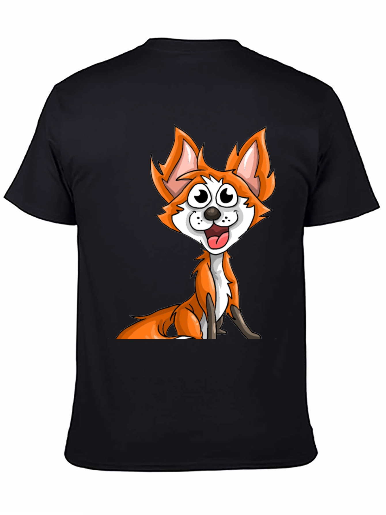 Cartoon Fox Graphic Tee - Black Crew Neck T-Shirt
