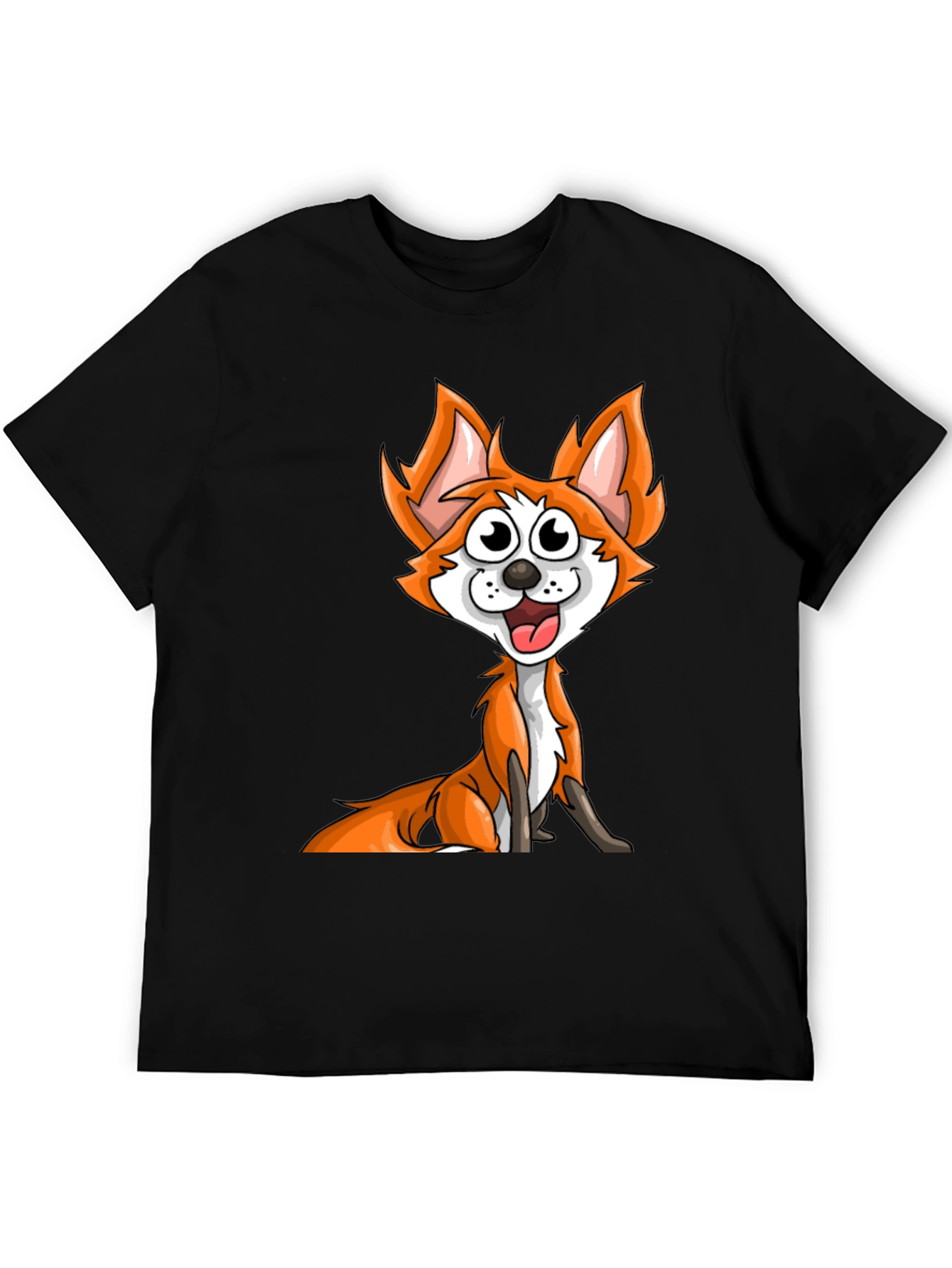 Cartoon Fox Graphic Tee - Black Crew Neck T-Shirt