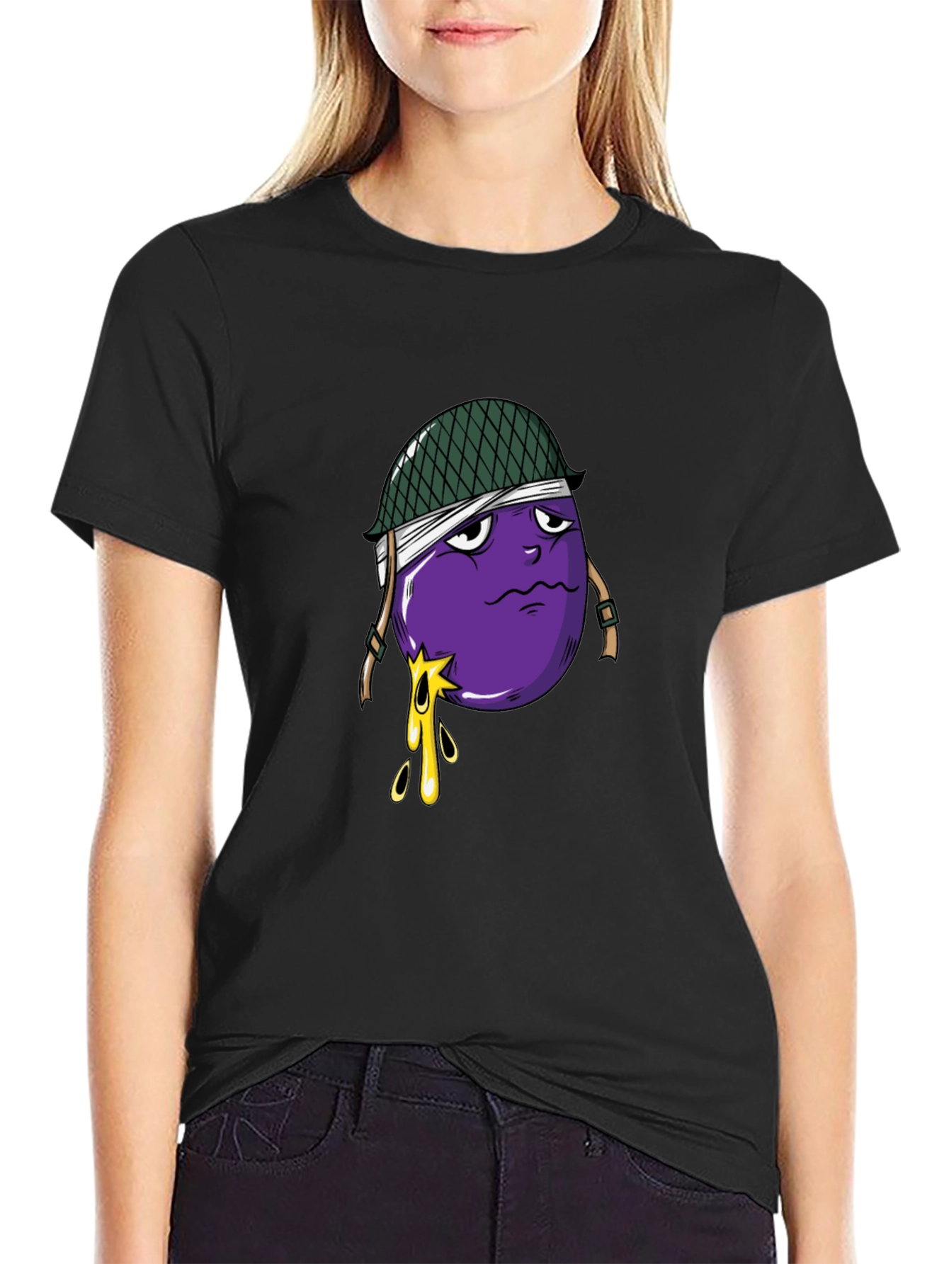Eggplant Soldier Graphic Tee - Black Cotton T-Shirt
