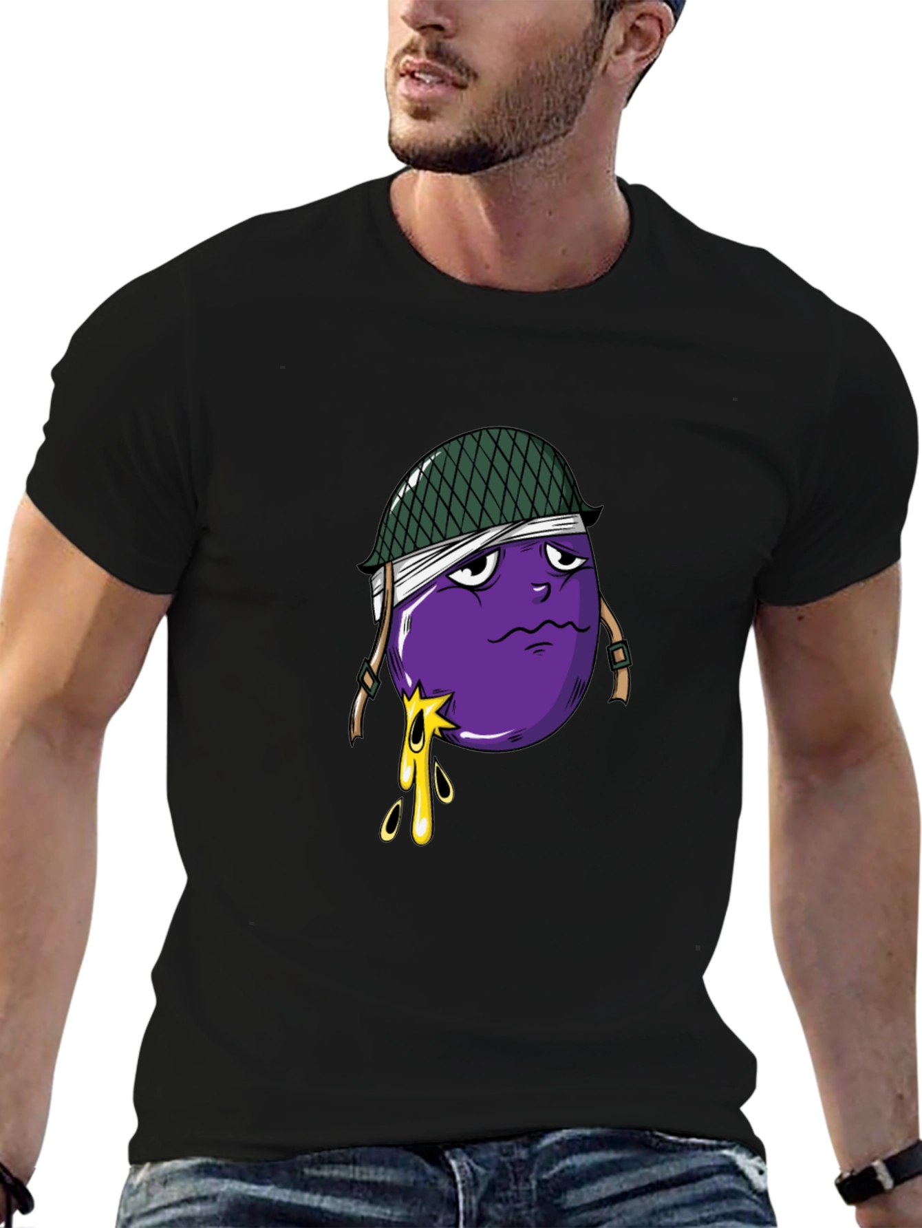 Eggplant Soldier Graphic Tee - Black Cotton T-Shirt