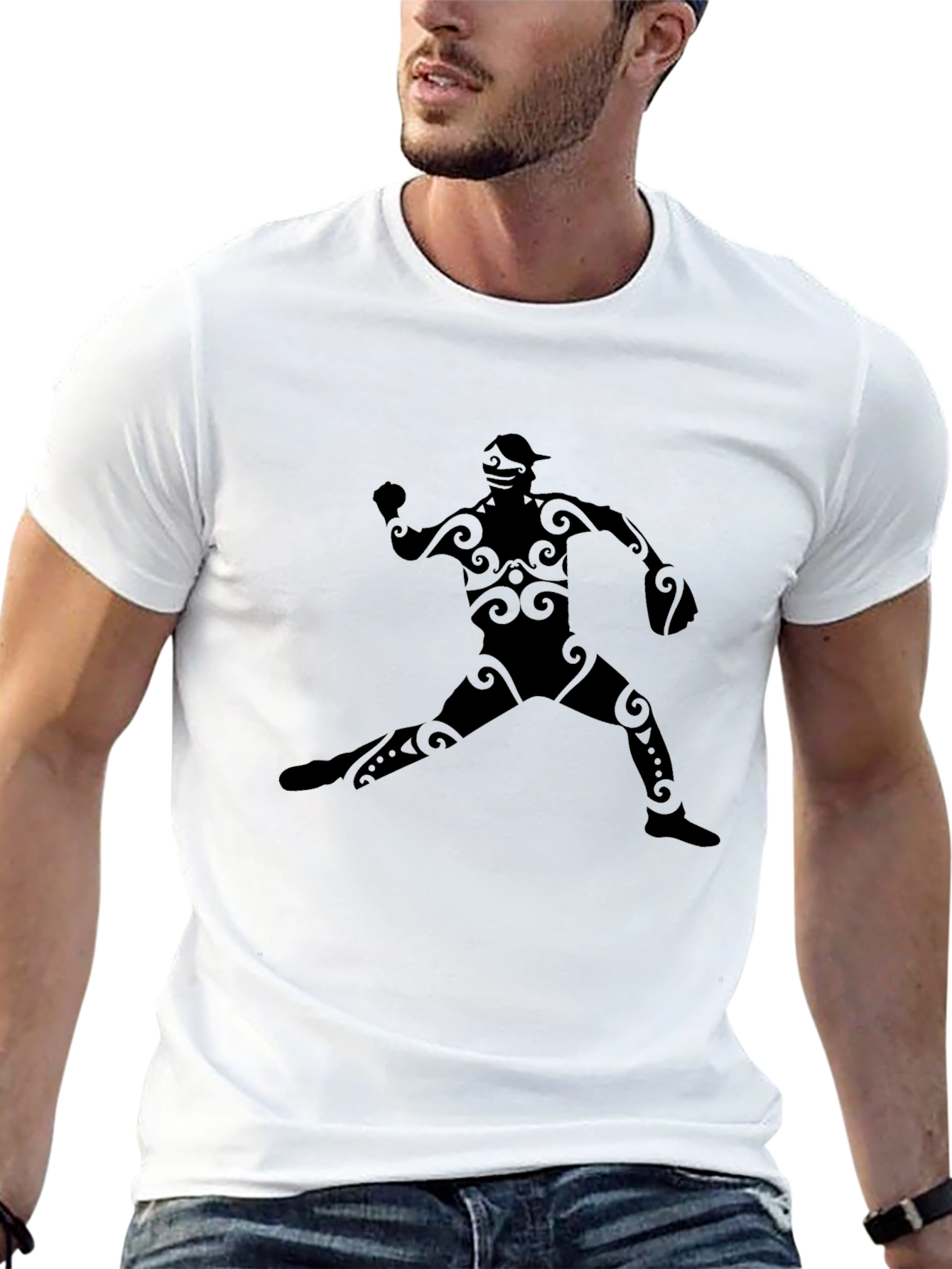 Tribal Baseball Player Graphic Tee - Black