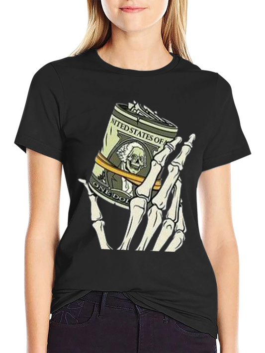 Money Skeleton Hand Graphic Tee - Black Cotton Shirt