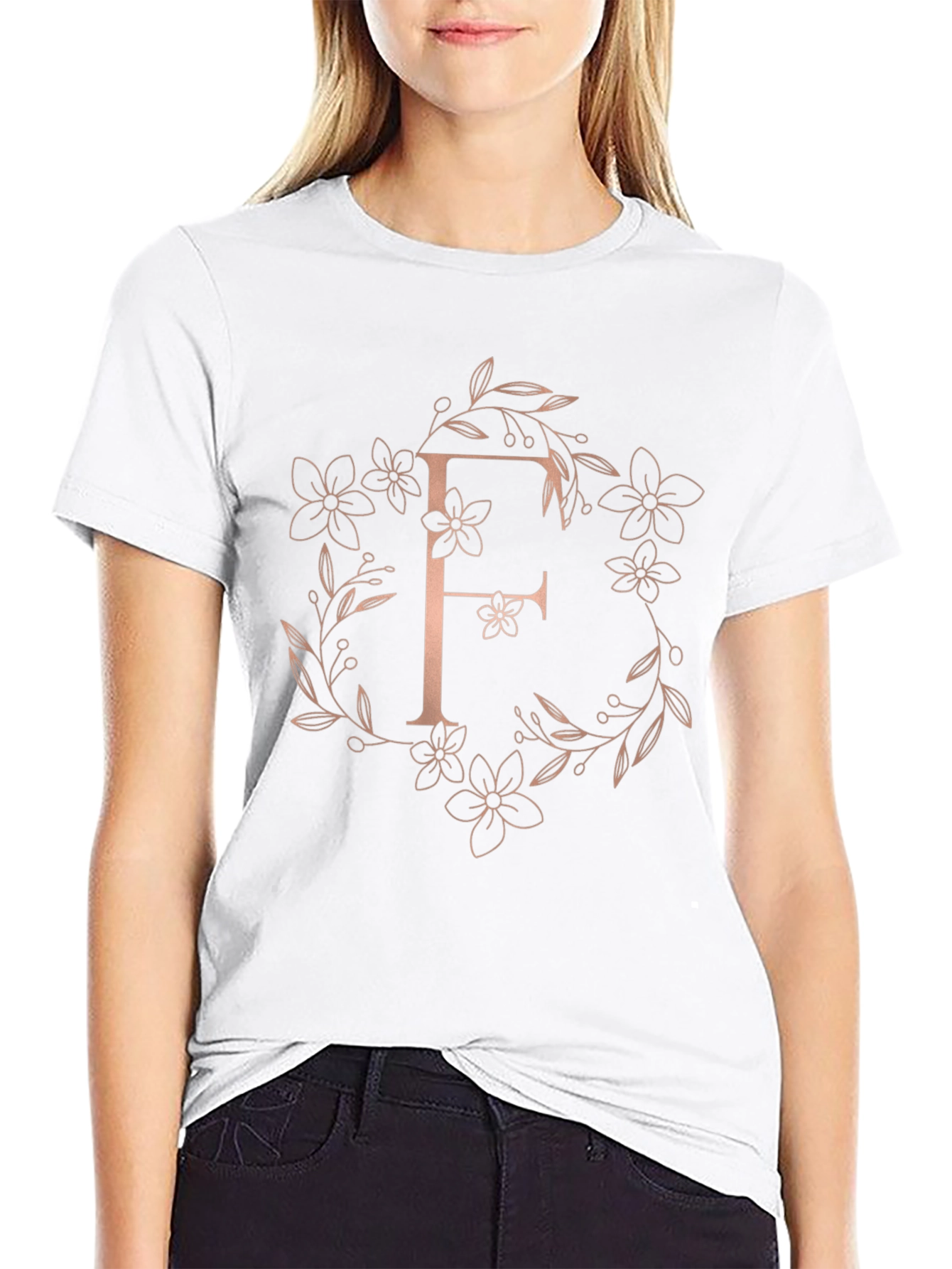 Floral Letter F Black T-Shirt