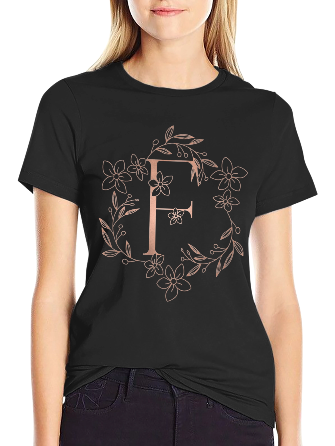 Floral Letter F Black T-Shirt