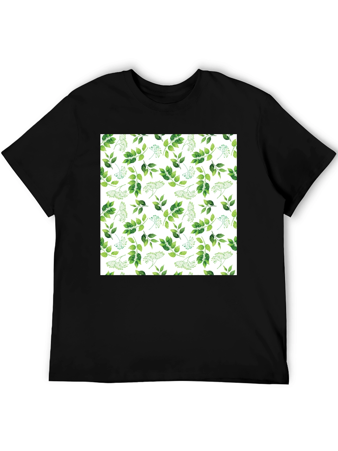 Greenery Print Black Casual T-Shirt