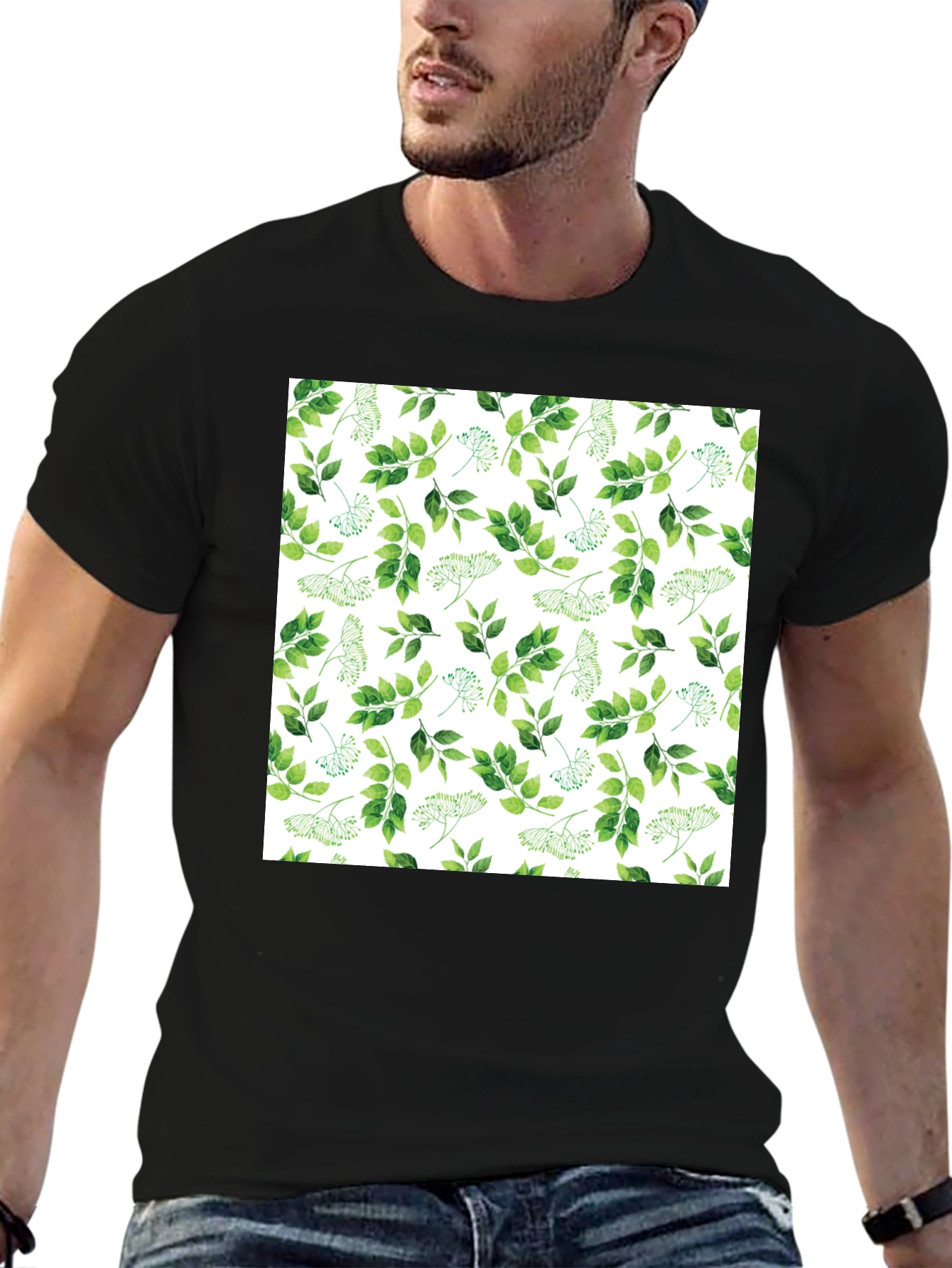 Greenery Print Black Casual T-Shirt