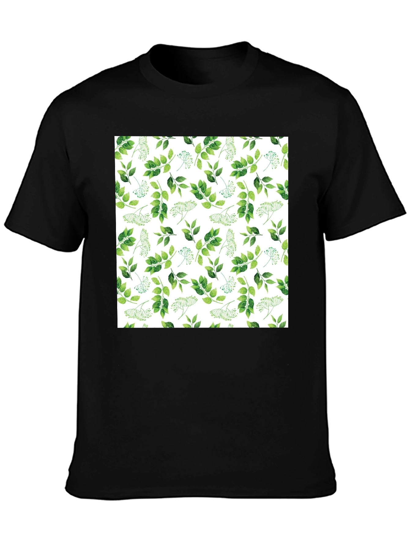 Greenery Print Black Casual T-Shirt