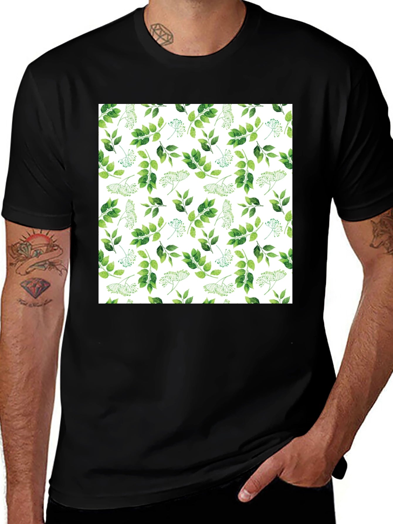 Greenery Print Black Casual T-Shirt