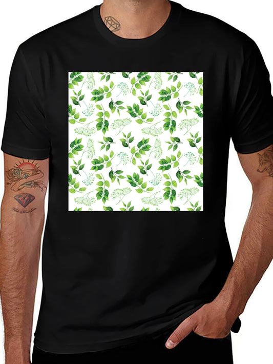 Greenery Print Black Casual T-Shirt