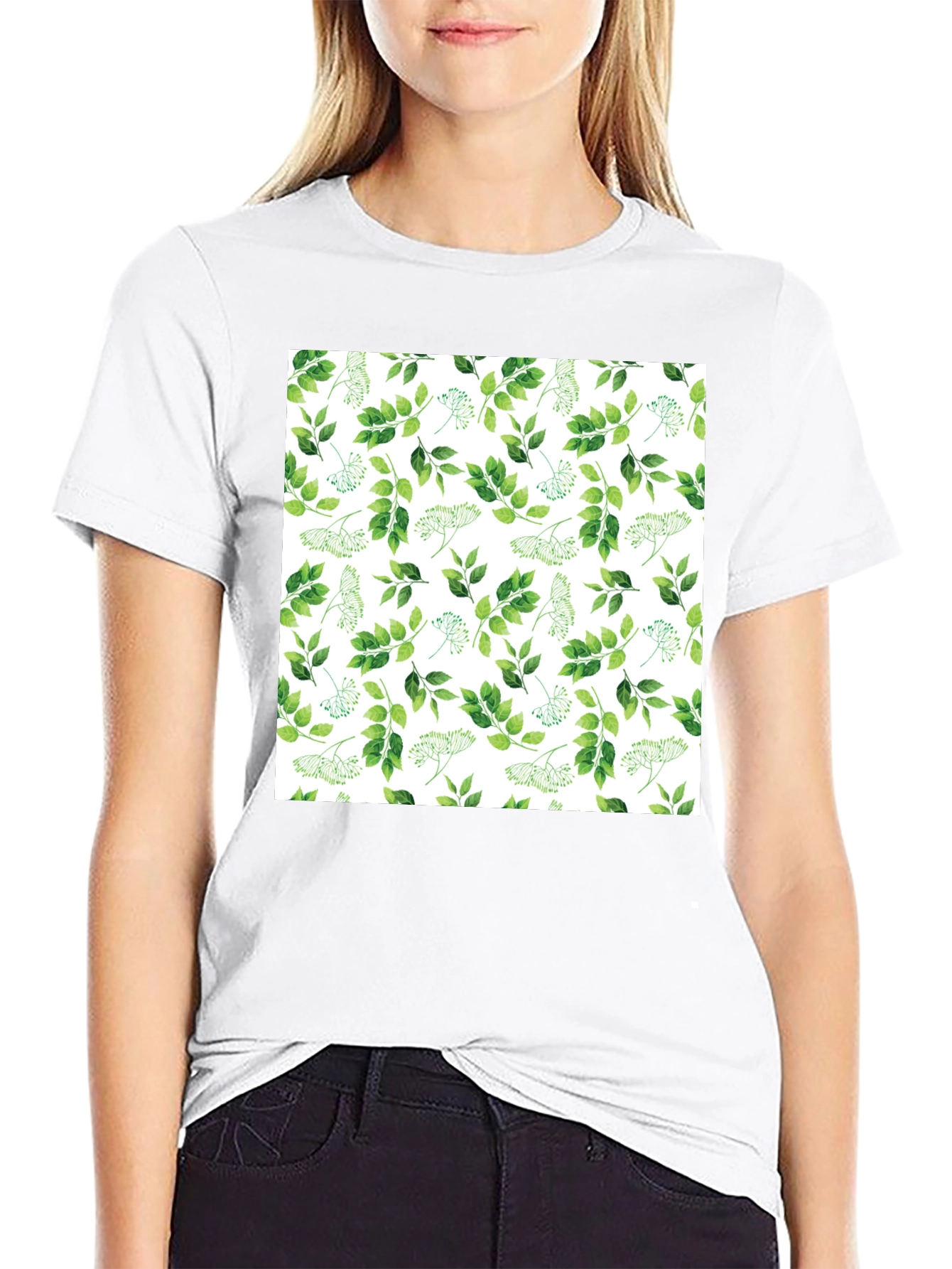 Greenery Print Black Casual T-Shirt