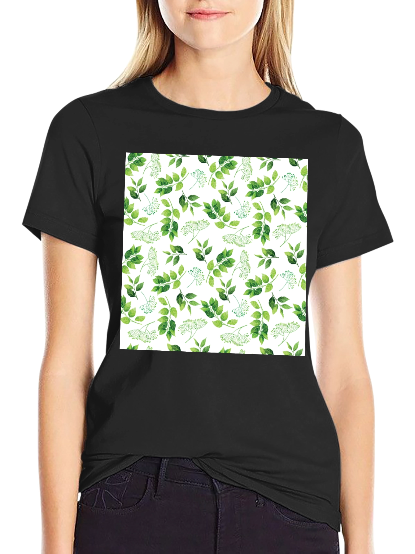 Greenery Print Black Casual T-Shirt