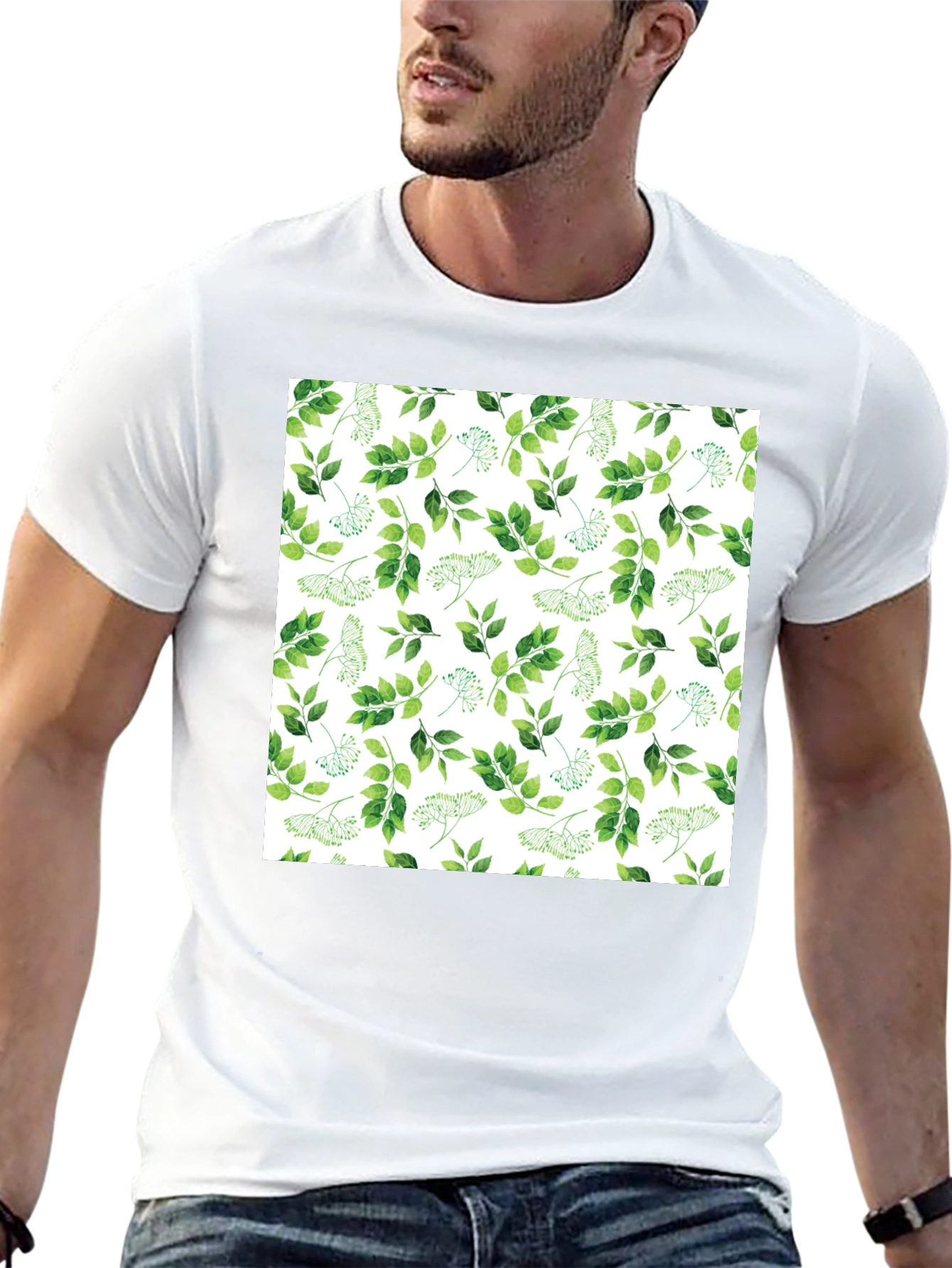 Greenery Print Black Casual T-Shirt