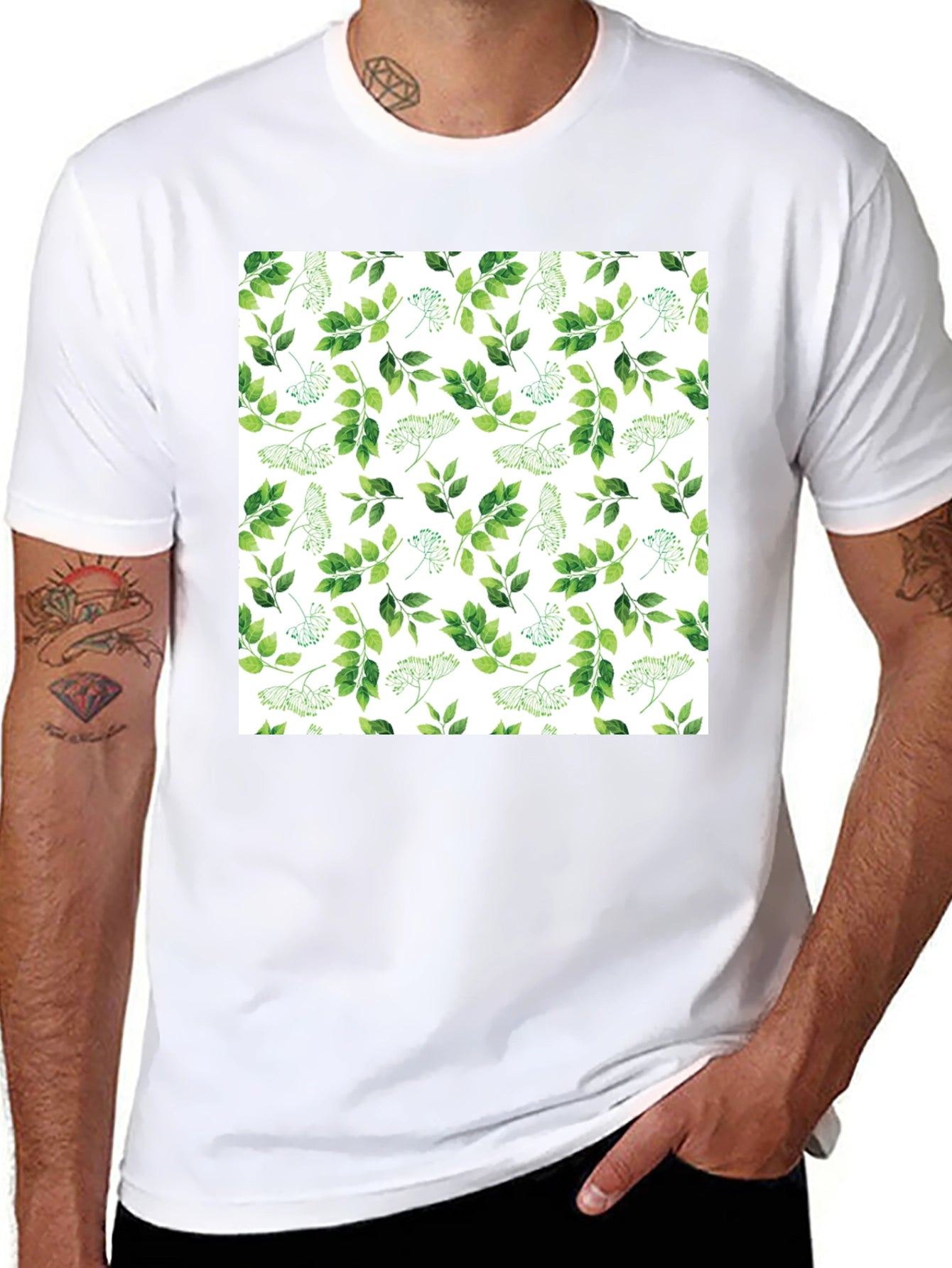 Greenery Print Black Casual T-Shirt