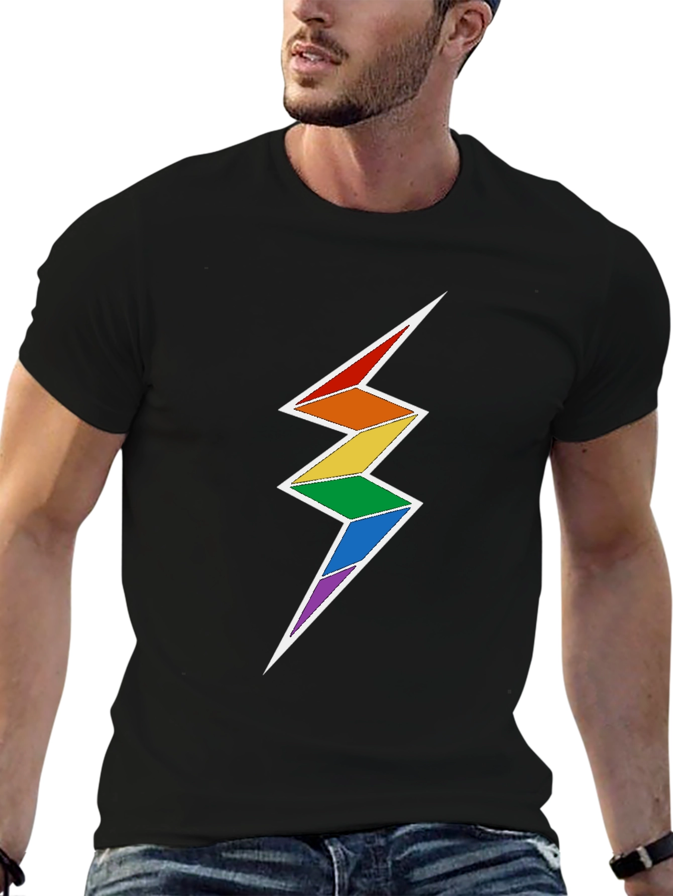 Rainbow Lightning Bolt Graphic Tee - Black Cotton Blend
