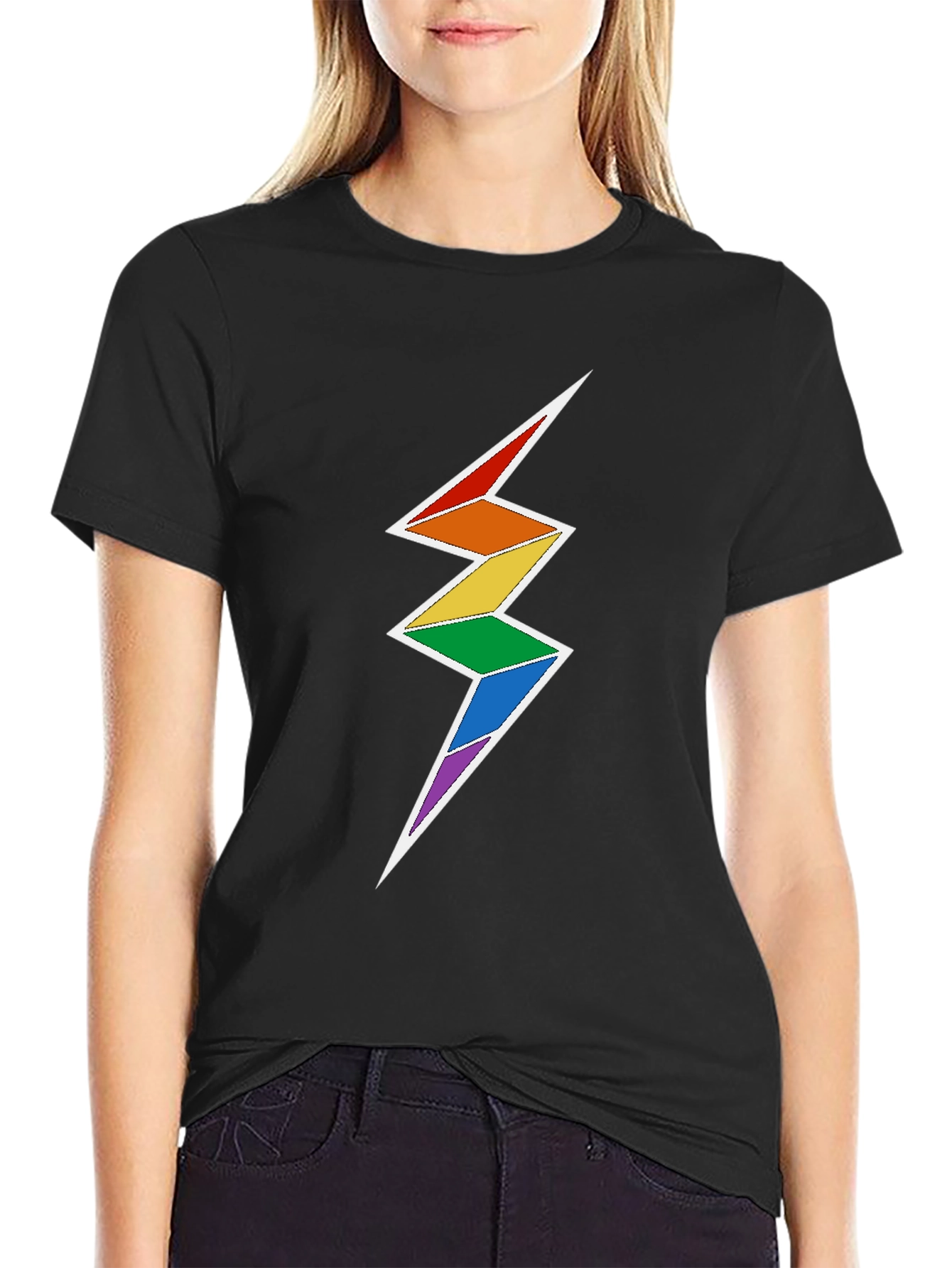 Rainbow Lightning Bolt Graphic Tee - Black Cotton Blend