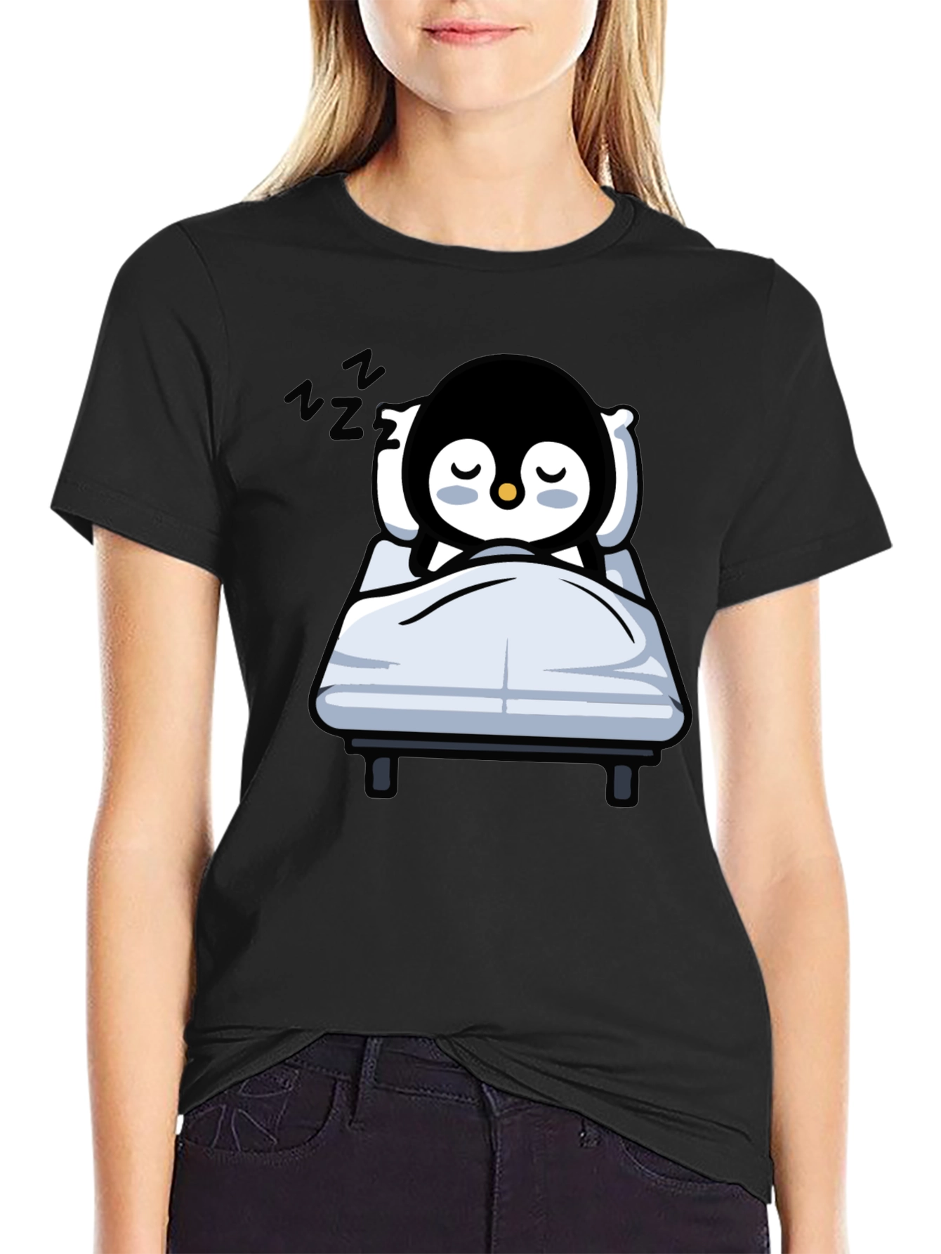 Cute Sleeping Penguin T-Shirt - Black
